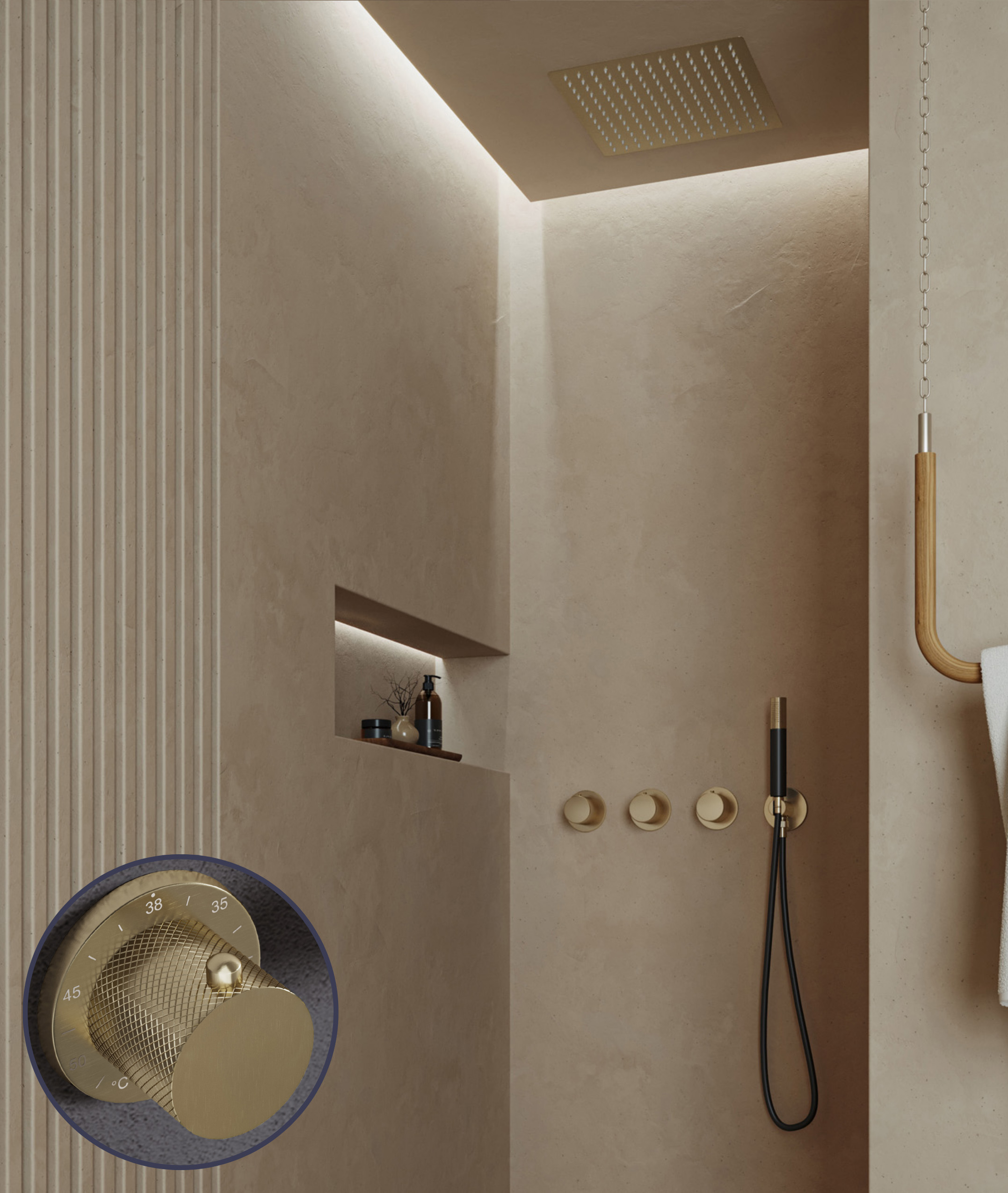 Saniclear Plus Curved Pro inbouw regendouche met inbouw douchekop 30x30cm en staafhanddouche geborsteld messing - mat goud