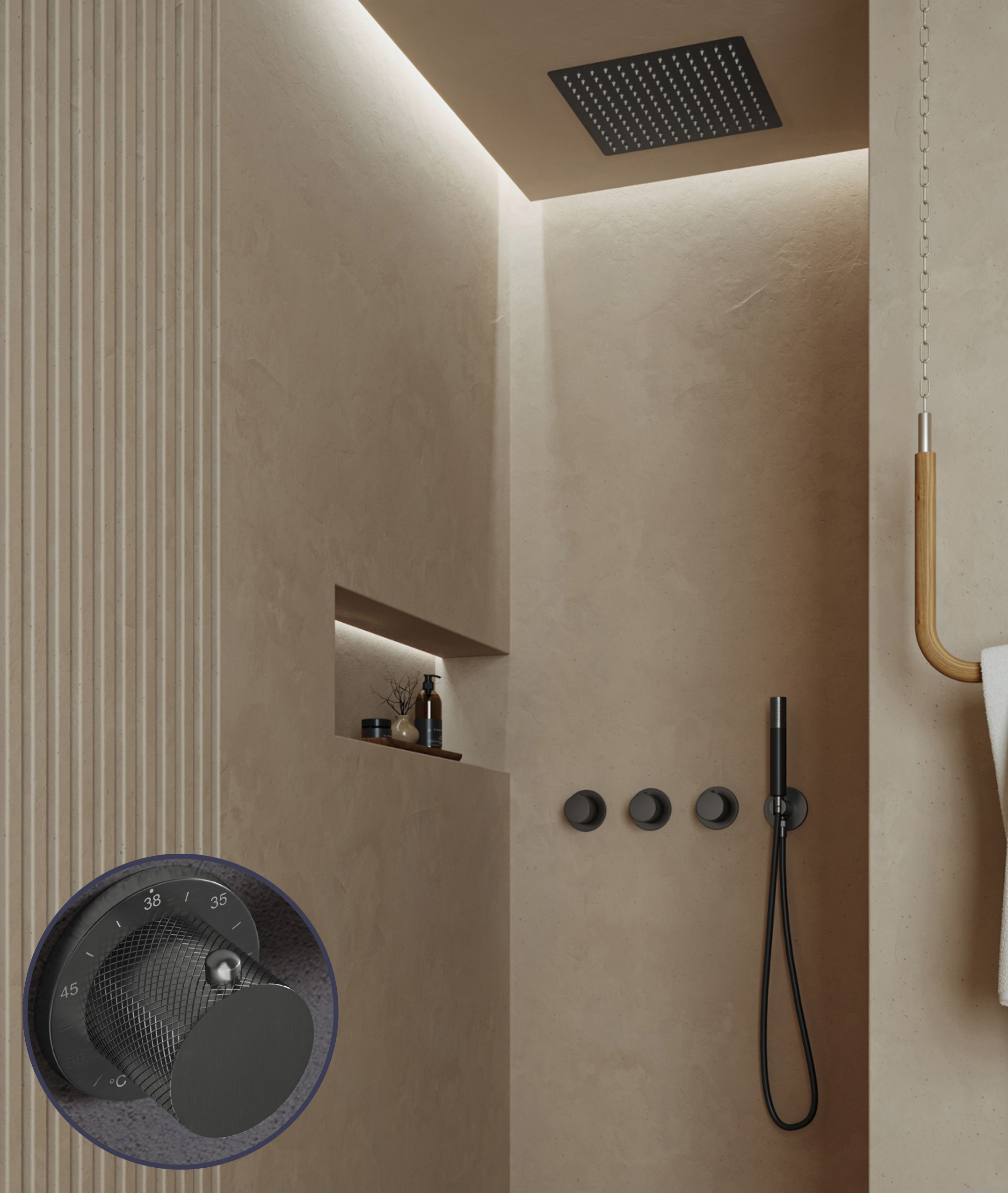 Saniclear Plus Curved Pro inbouw regendouche met inbouw douchekop 30x30cm en staafhanddouche verouderd ijzer - gunmetal