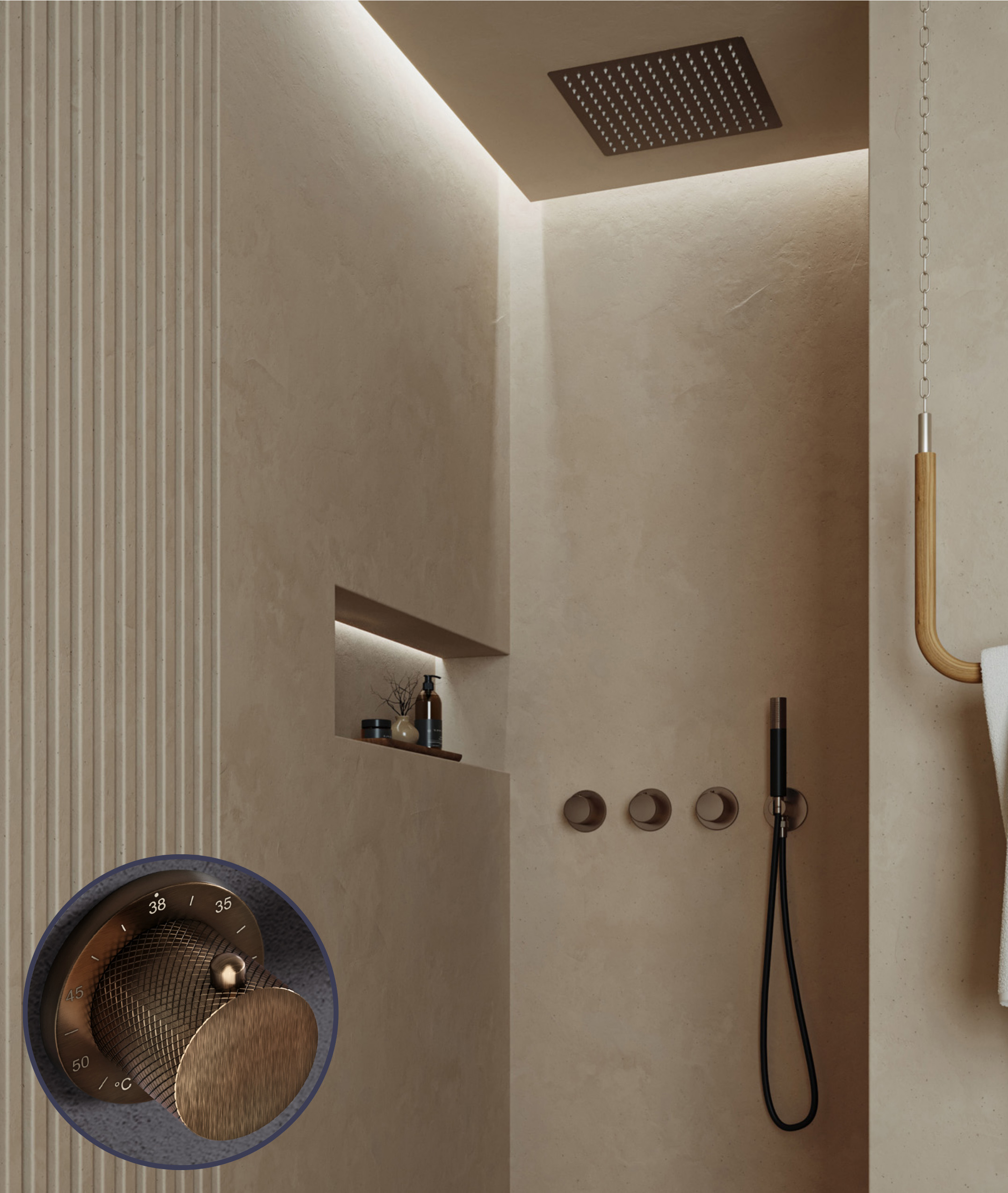 Saniclear Plus Curved Pro inbouw regendouche met inbouw douchekop 30x30cm en staafhanddouche verouderd messing