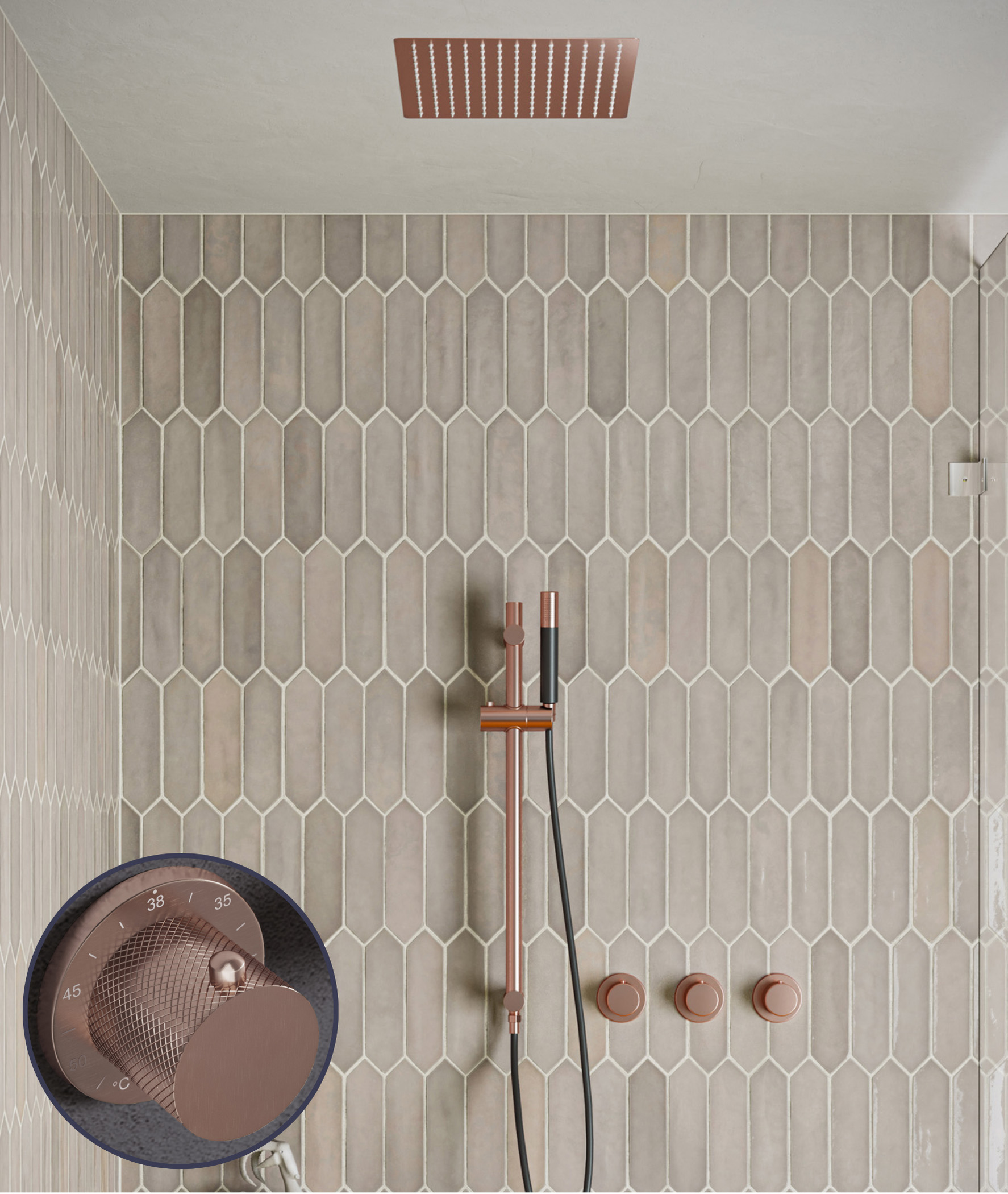Saniclear Plus Curved Pro inbouw regendouche met inbouw douchekop 30x30cm, glijstang en staafhanddouche geborsteld koper