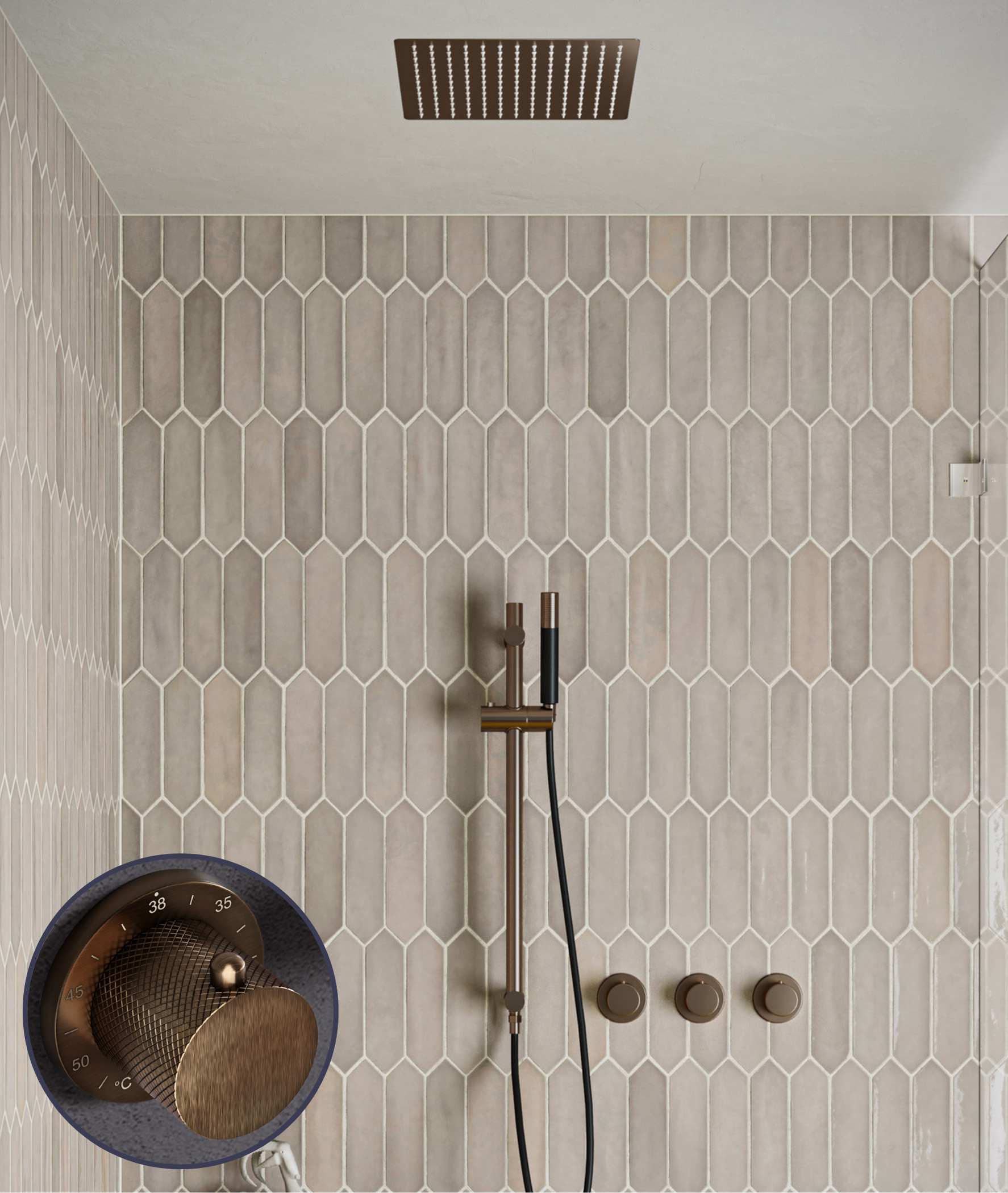 Saniclear Plus Curved Pro inbouw regendouche met inbouw douchekop 30x30cm, glijstang en staafhanddouche verouderd messing