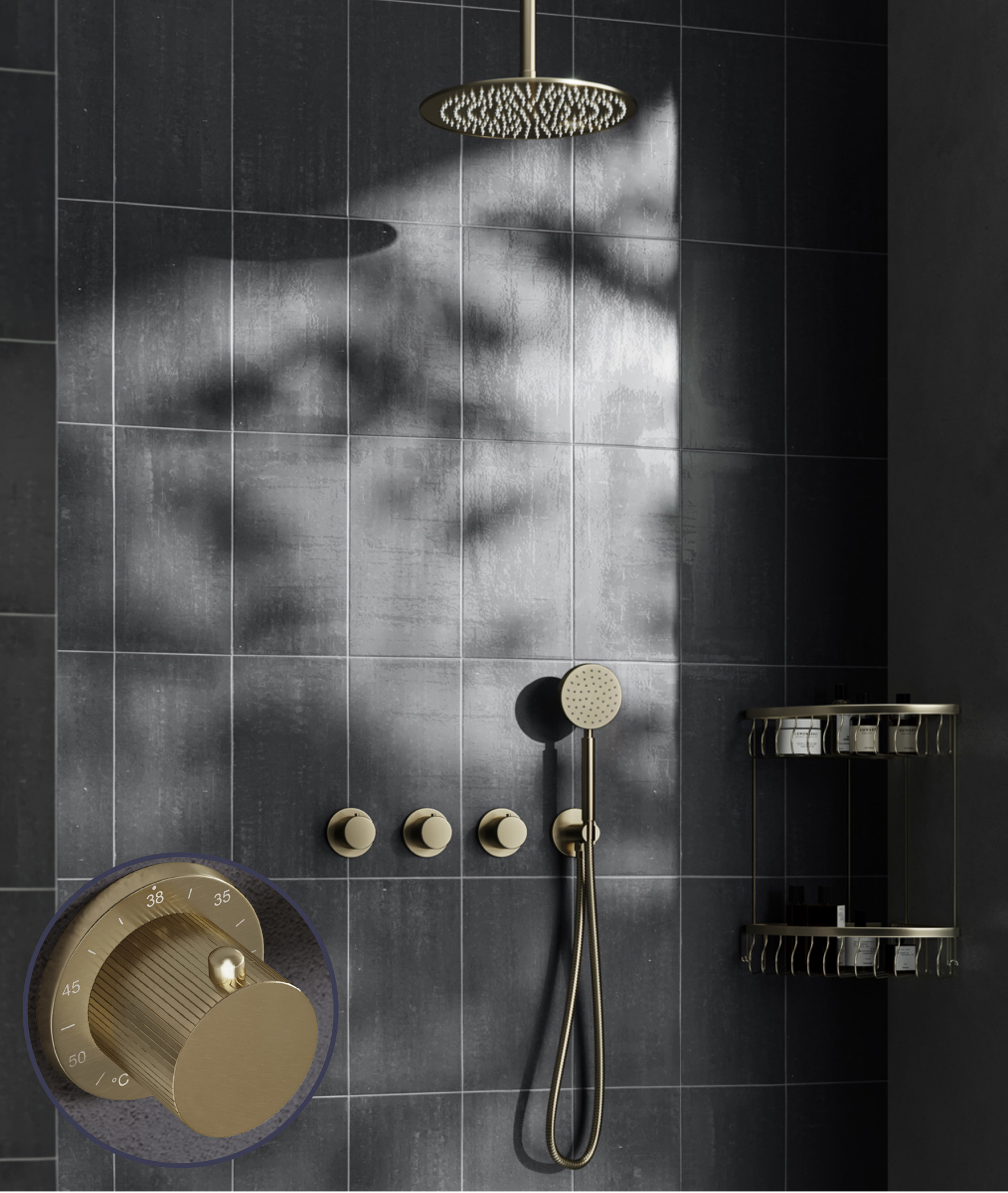 Saniclear Plus Stripes inbouw regendouche met 30cm hoofddouche en plafondarm geborsteld messing - mat goud