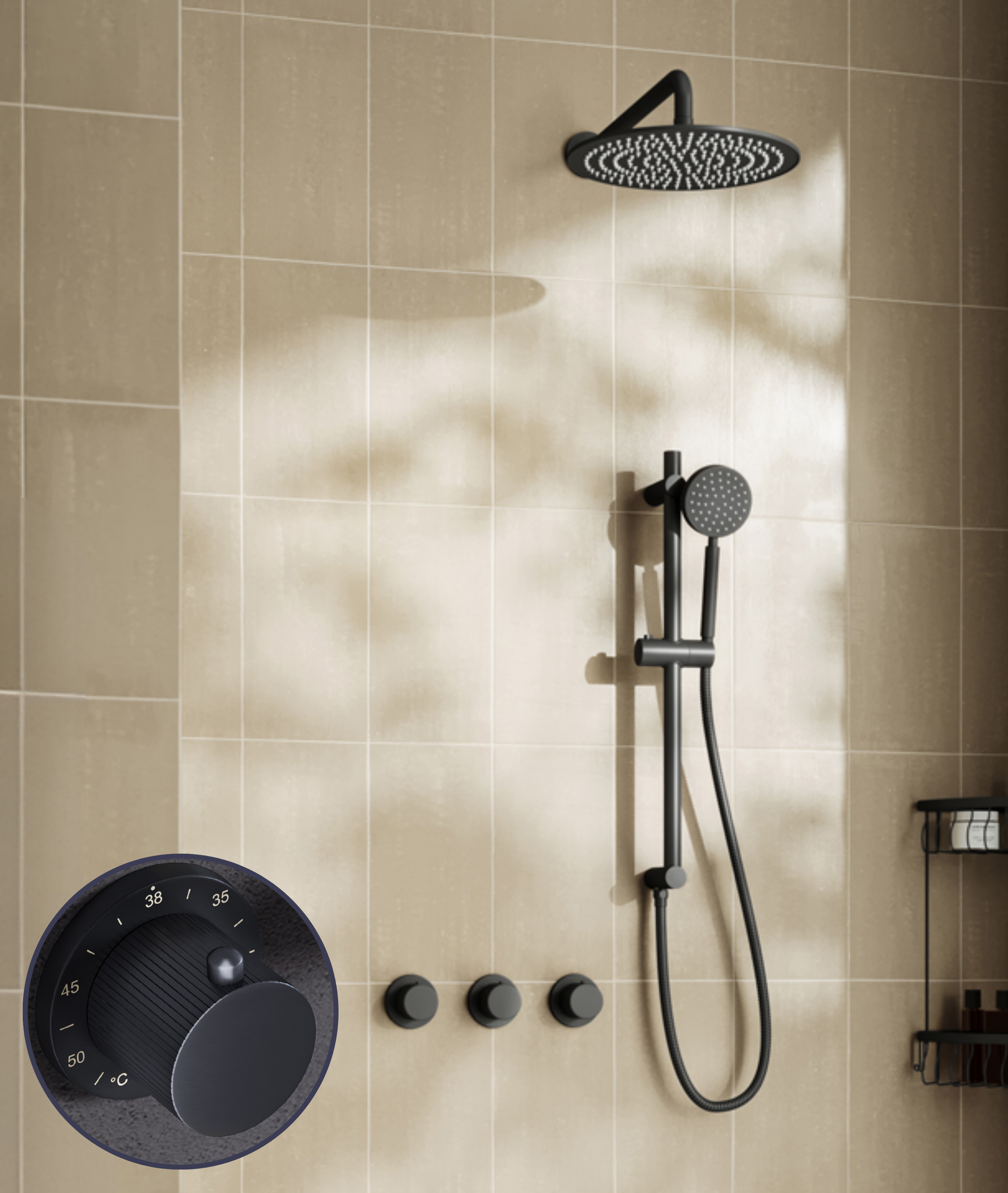 Saniclear Plus Stripes inbouw regendouche met 30cm hoofddouche, muurarm en glijstang zwart mat