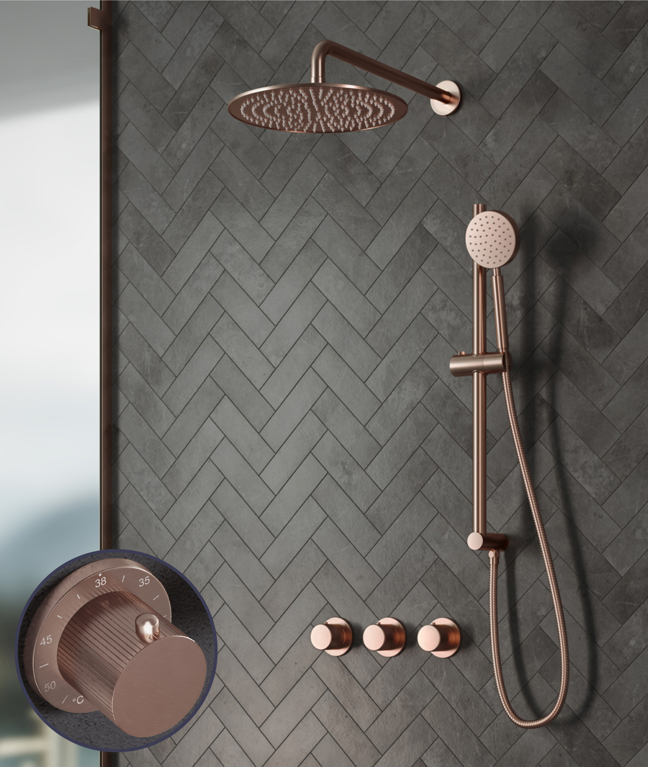 Saniclear Plus Stripes inbouw regendouche met 30cm hoofddouche, muurarm en glijstang geborsteld koper