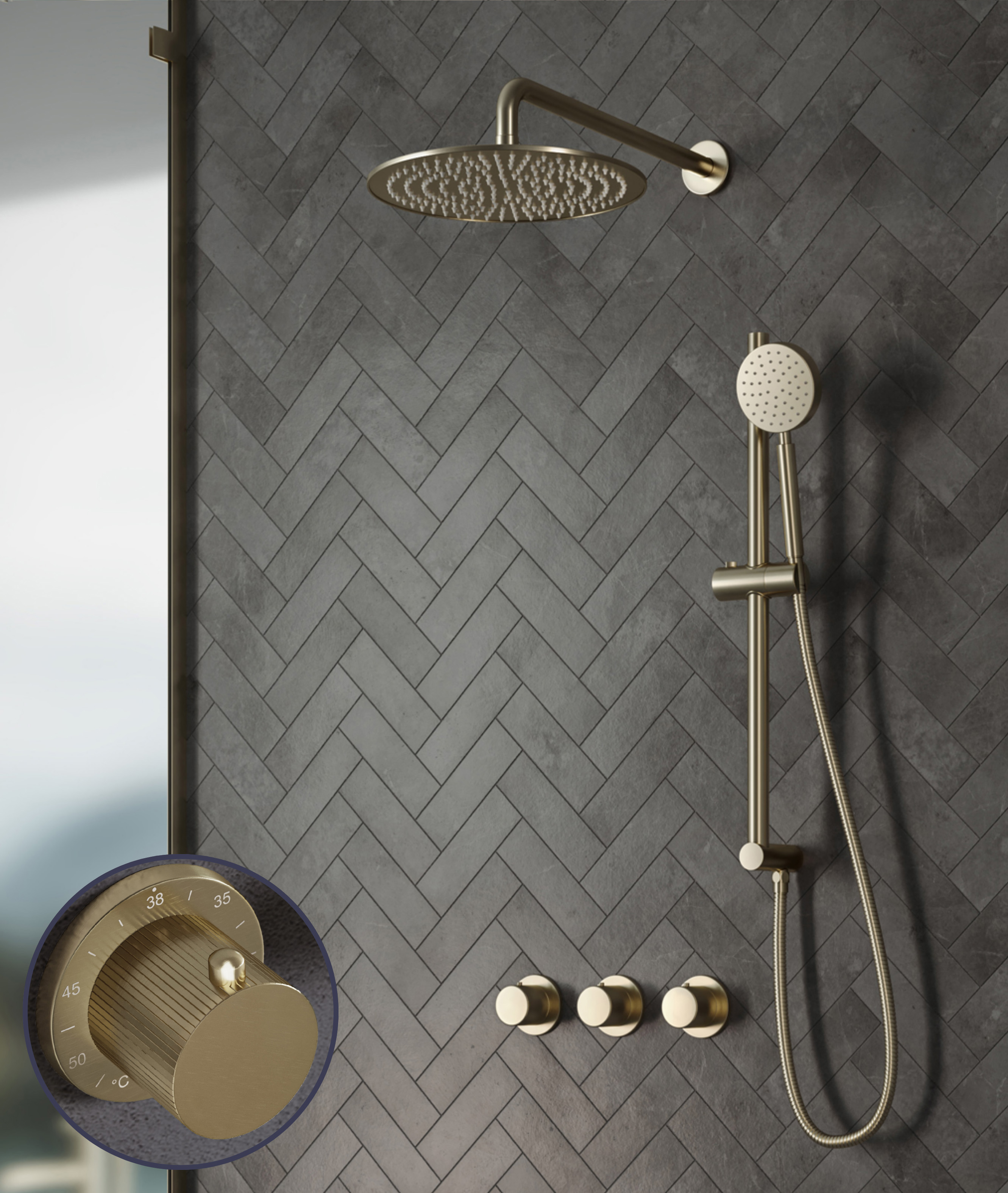Saniclear Plus Stripes inbouw regendouche met 30cm hoofddouche, muurarm en glijstang geborsteld messing - mat goud