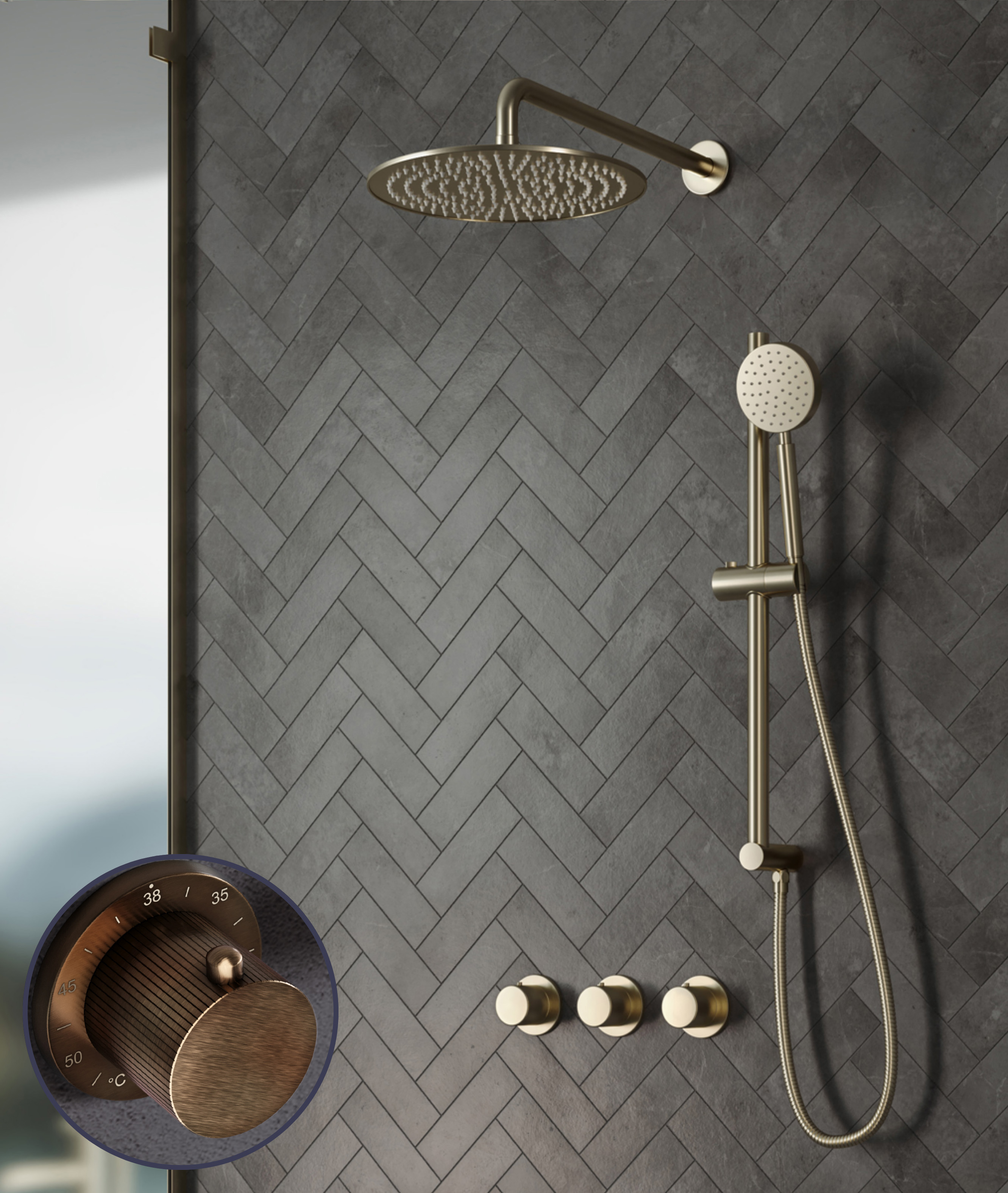 Saniclear Plus Stripes inbouw regendouche met 30cm hoofddouche, muurarm en glijstang verouderd messing
