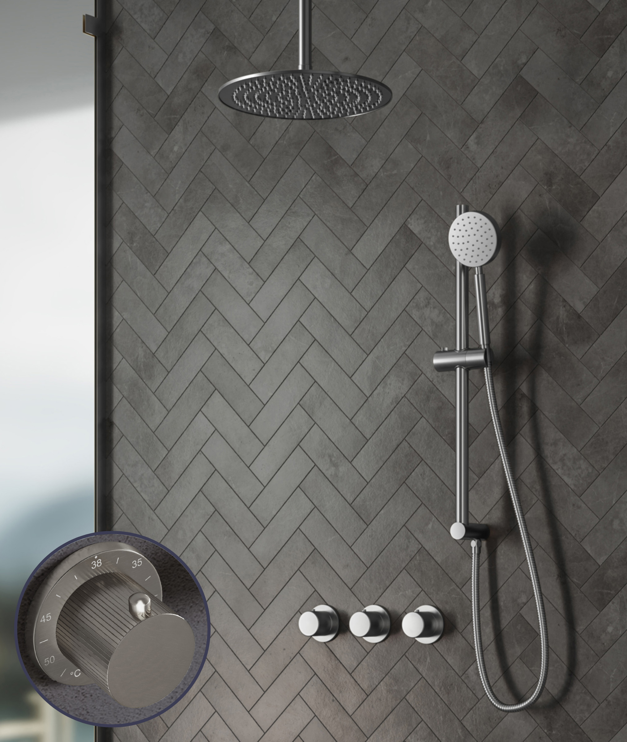 Saniclear Plus Stripes inbouw regendouche met 30cm hoofddouche, plafondarm en glijstang RVS