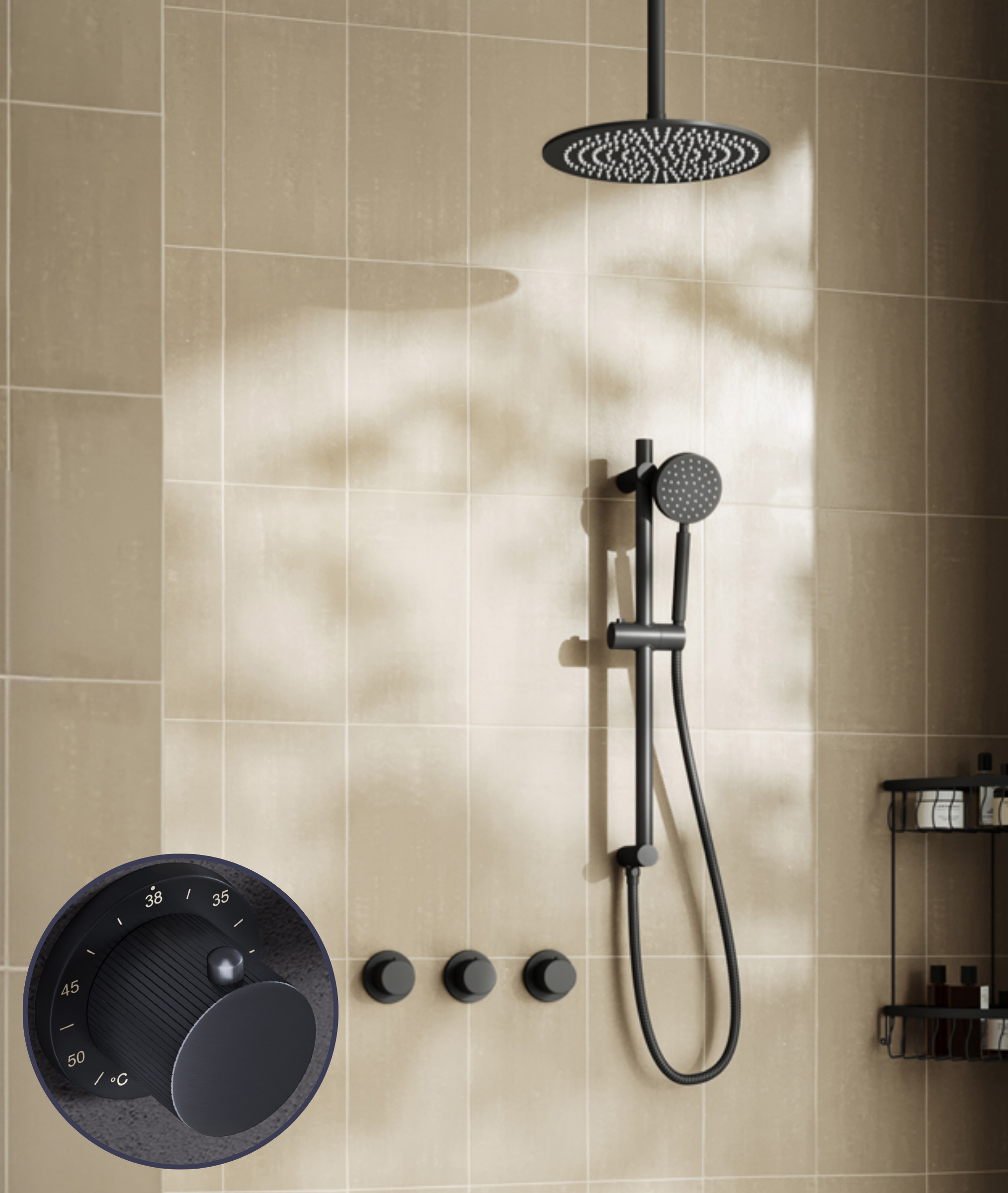 Saniclear Plus Stripes inbouw regendouche met 30cm hoofddouche, plafondarm en glijstang zwart mat