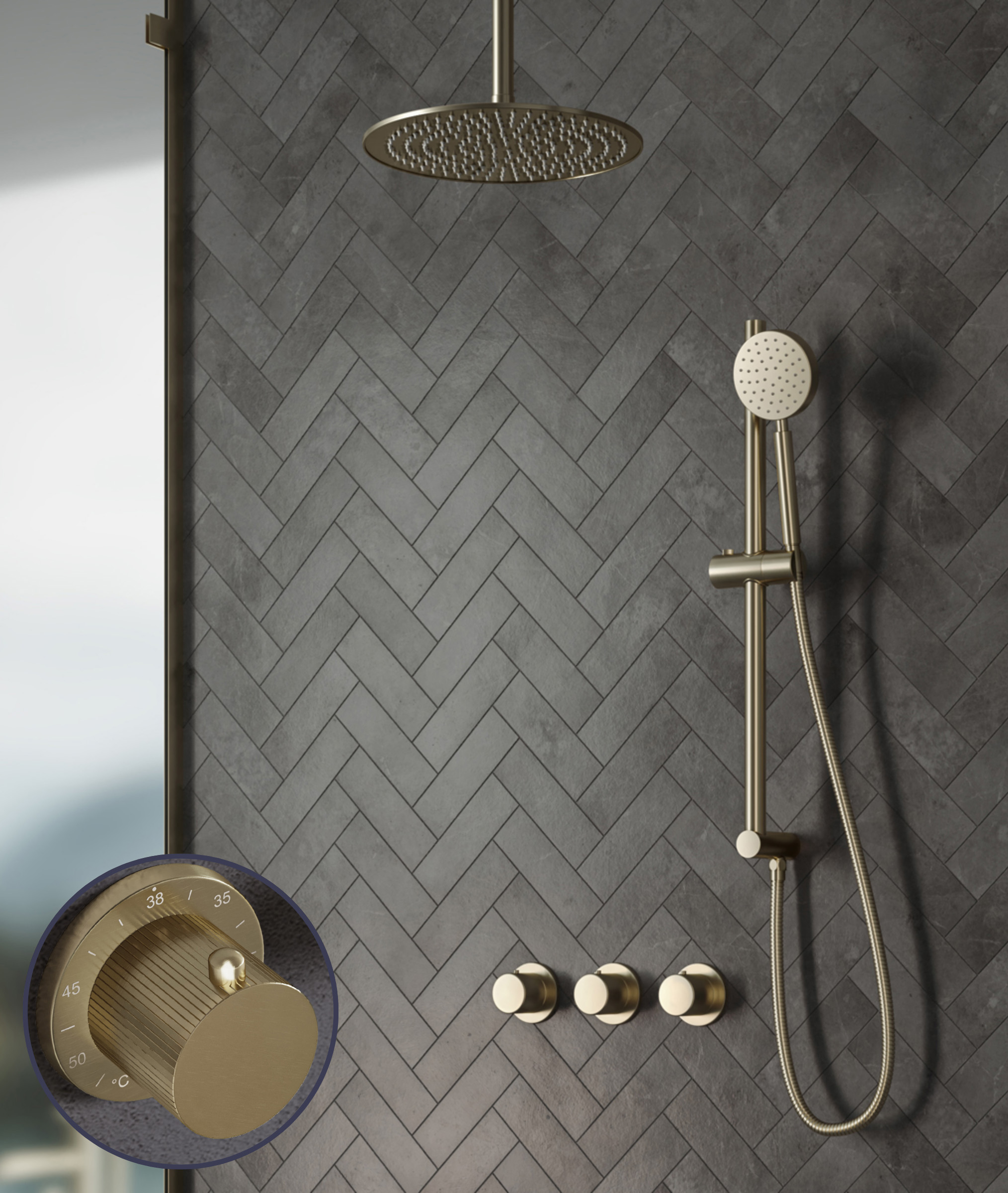Saniclear Plus Stripes inbouw regendouche met 30cm hoofddouche, plafondarm en glijstang geborsteld messing - mat goud