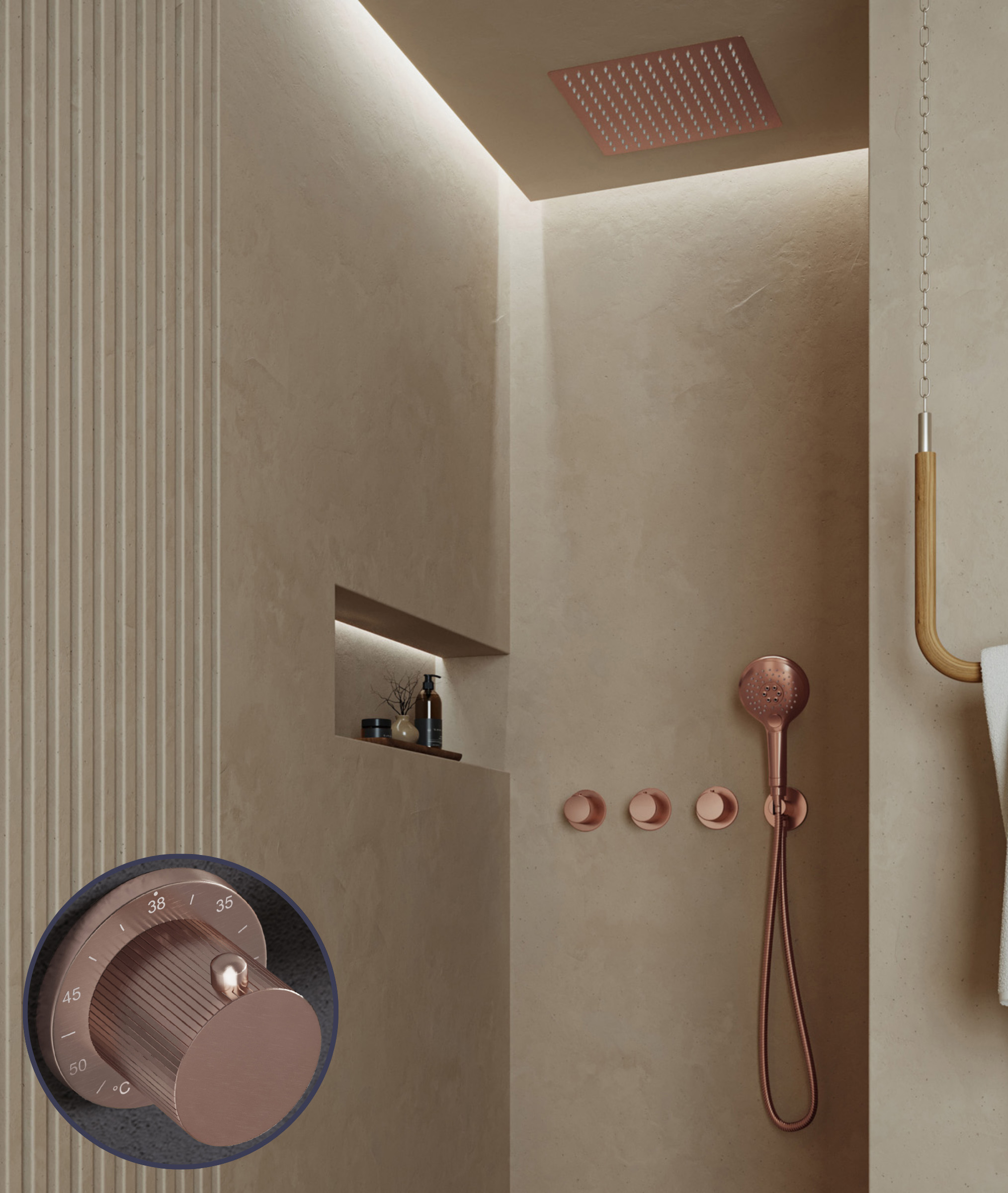 Saniclear Plus Stripes inbouw regendouche met inbouw douchekop 30x30cm en 2 standen handdouche geborsteld koper