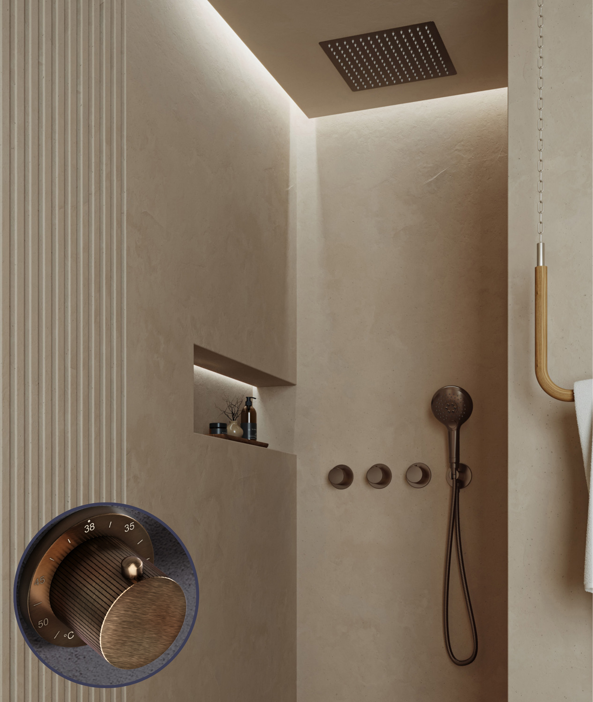 Saniclear Plus Stripes inbouw regendouche met inbouw douchekop 30x30cm en 2 standen handdouche verouderd messing