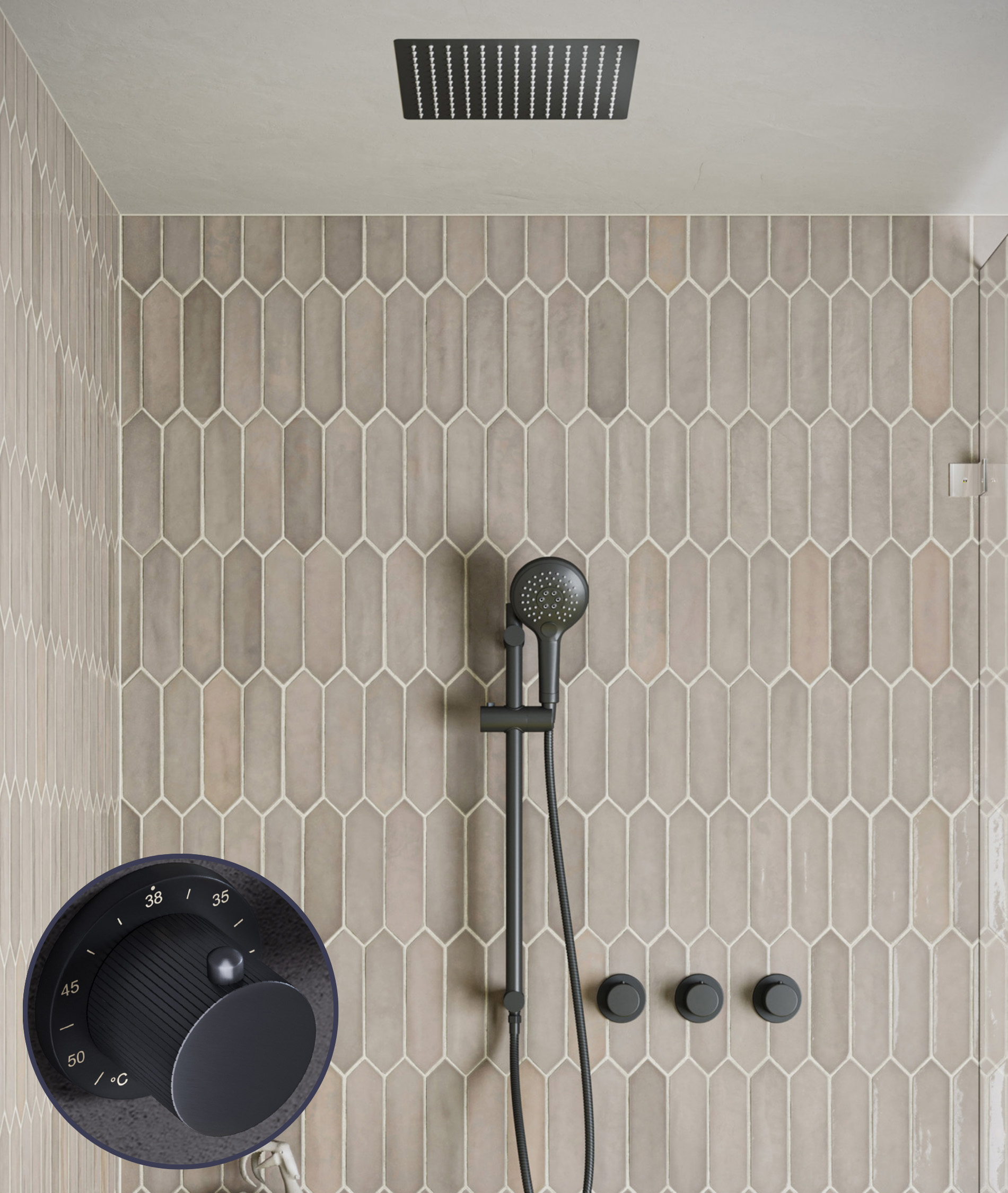 Saniclear Plus Stripes inbouw regendouche met inbouw douchekop 30x30cm, glijstang en 2 standen handdouche zwart mat