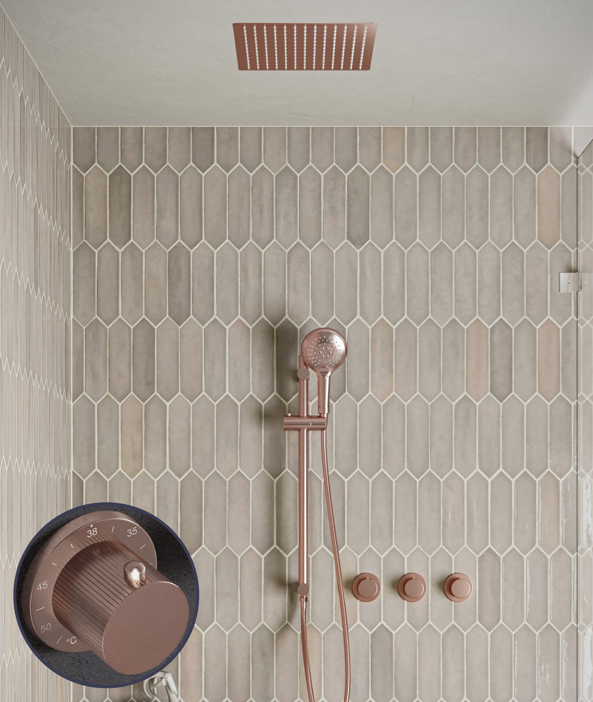 Saniclear Plus Stripes inbouw regendouche met inbouw douchekop 30x30cm, glijstang en 2 standen handdouche geborsteld koper