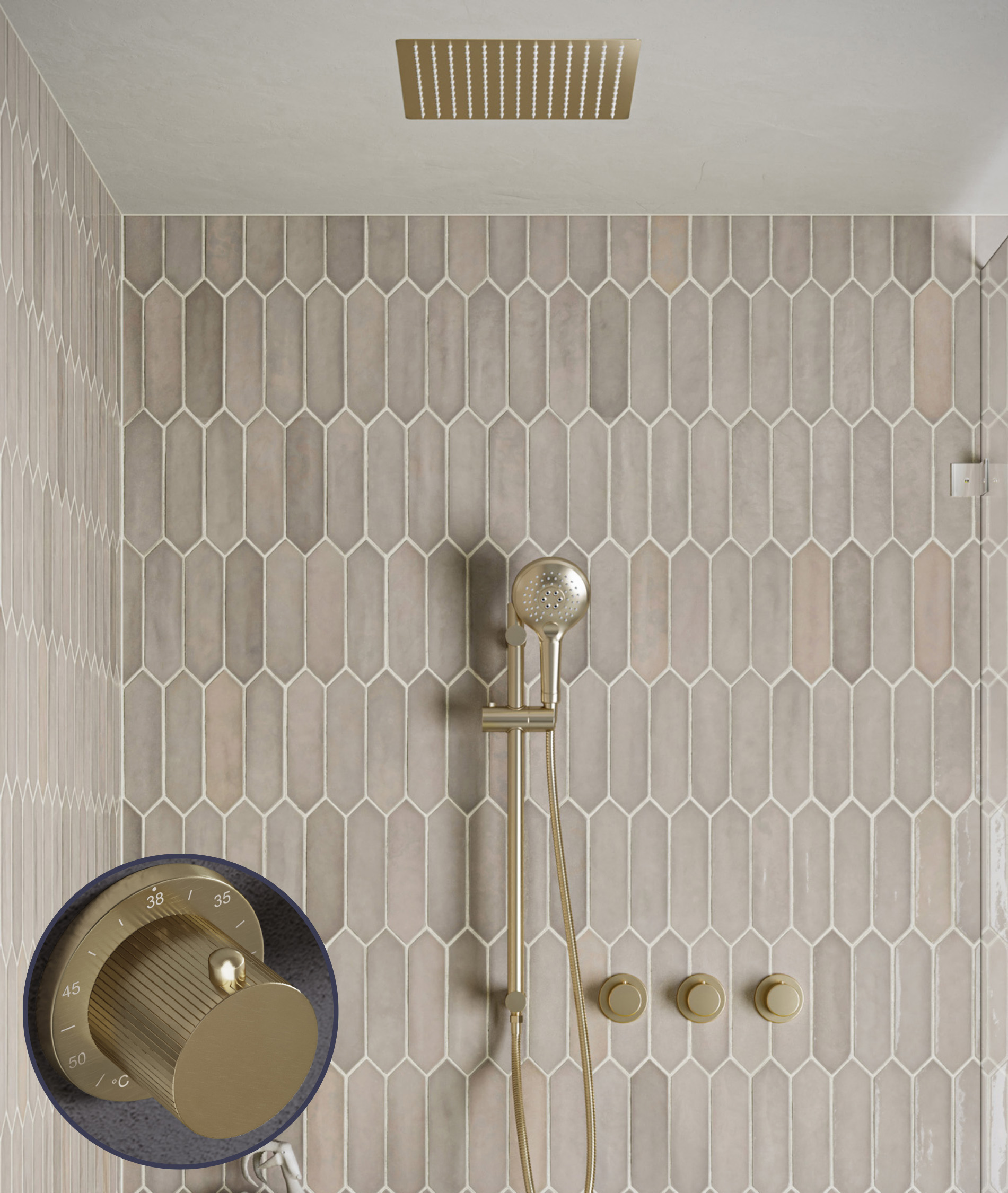 Saniclear Plus Stripes inbouw regendouche met inbouw douchekop 30x30cm, glijstang en 2 standen handdouche geborsteld messing - mat goud