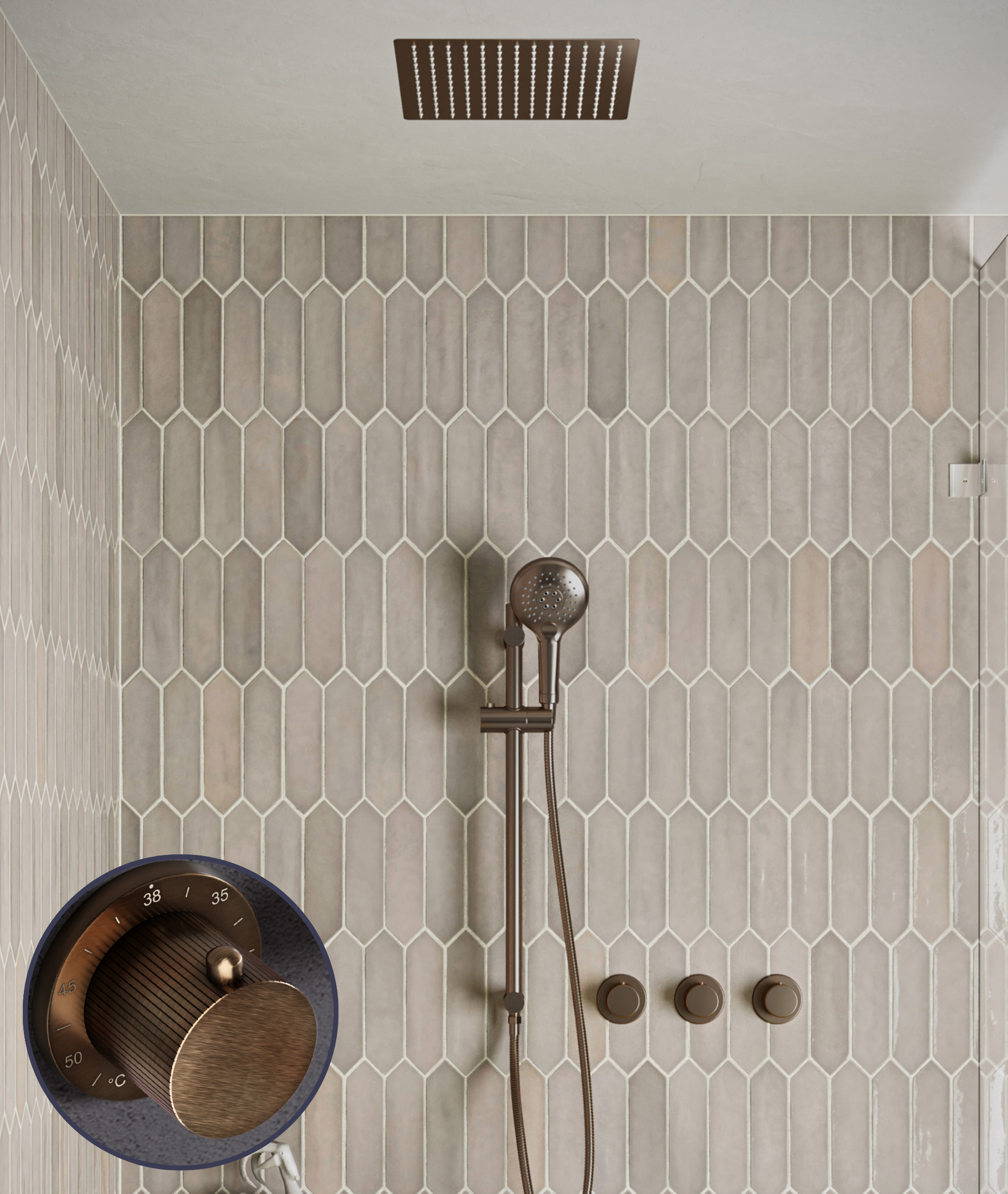 Saniclear Plus Stripes inbouw regendouche met inbouw douchekop 30x30cm, glijstang en 2 standen handdouche verouderd messing
