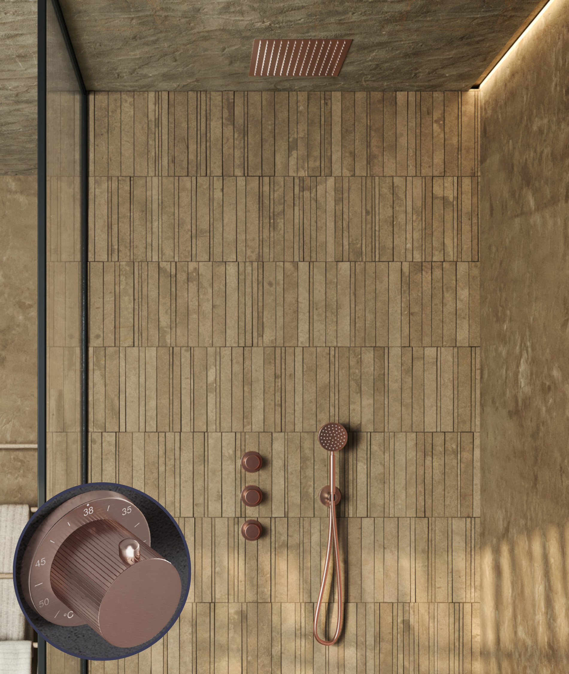 Saniclear Plus Stripes inbouw regendouche met inbouw douchekop 30x30cm geborsteld koper