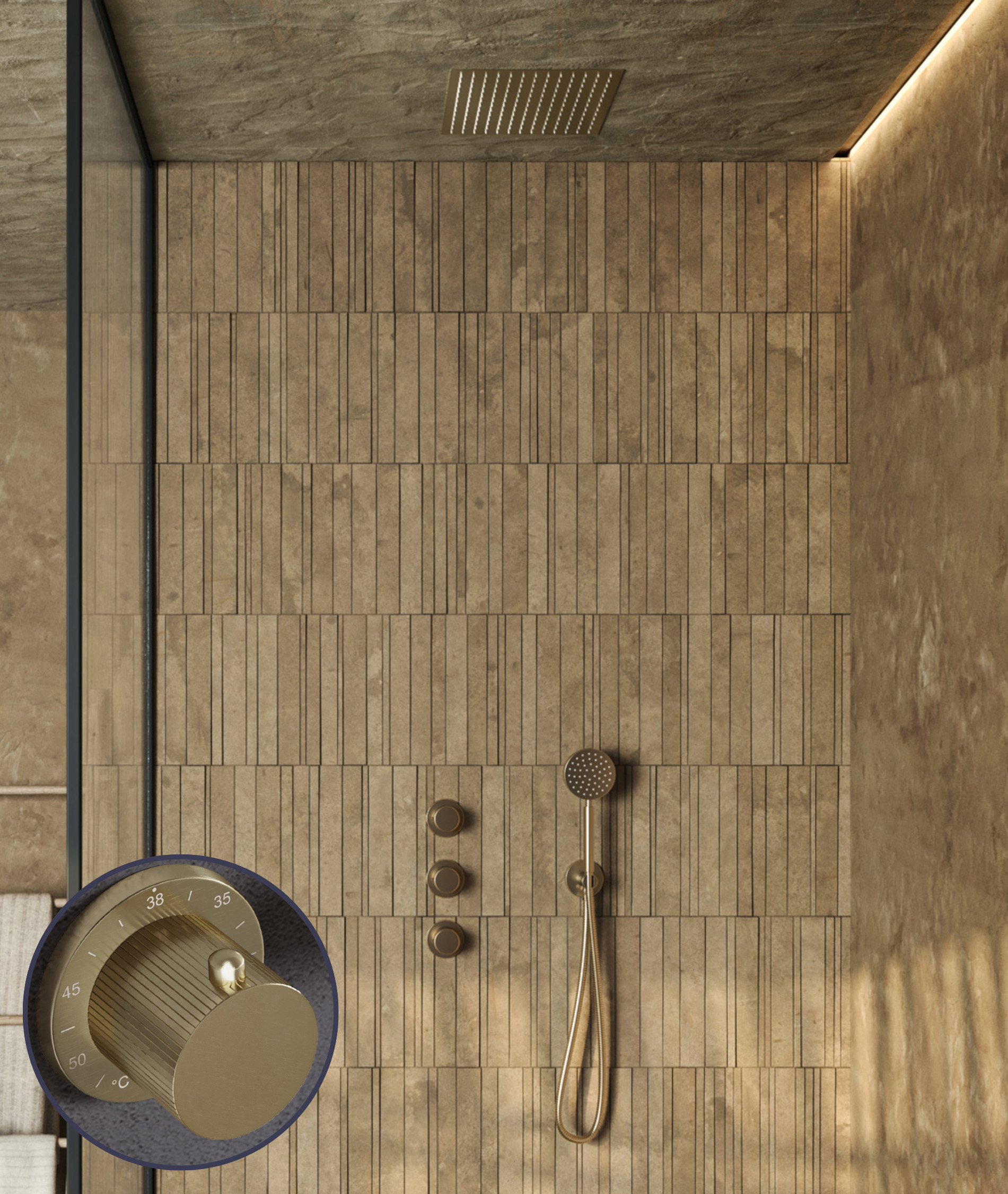 Saniclear Plus Stripes inbouw regendouche met inbouw douchekop 30x30cm geborsteld messing - mat goud