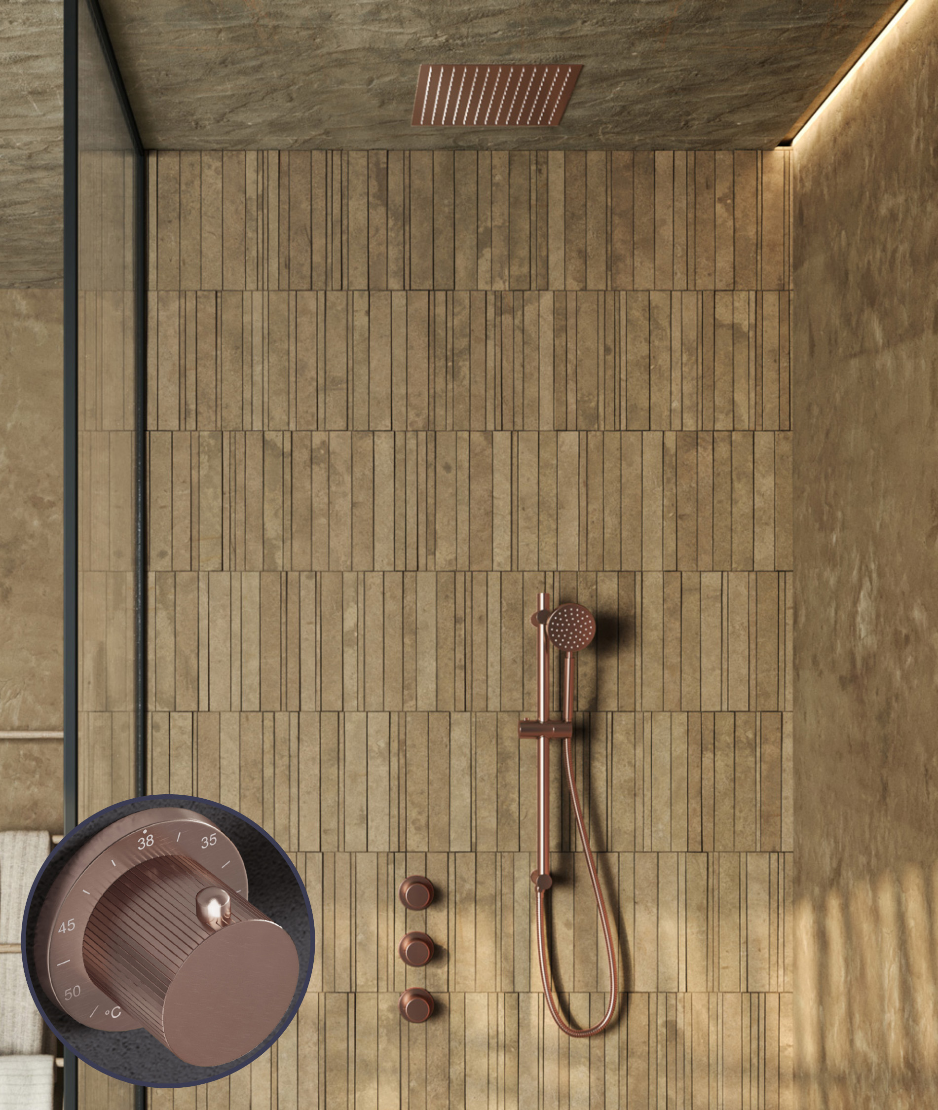 Saniclear Plus Stripes inbouw regendouche met inbouw douchekop 30x30cm en glijstang geborsteld koper