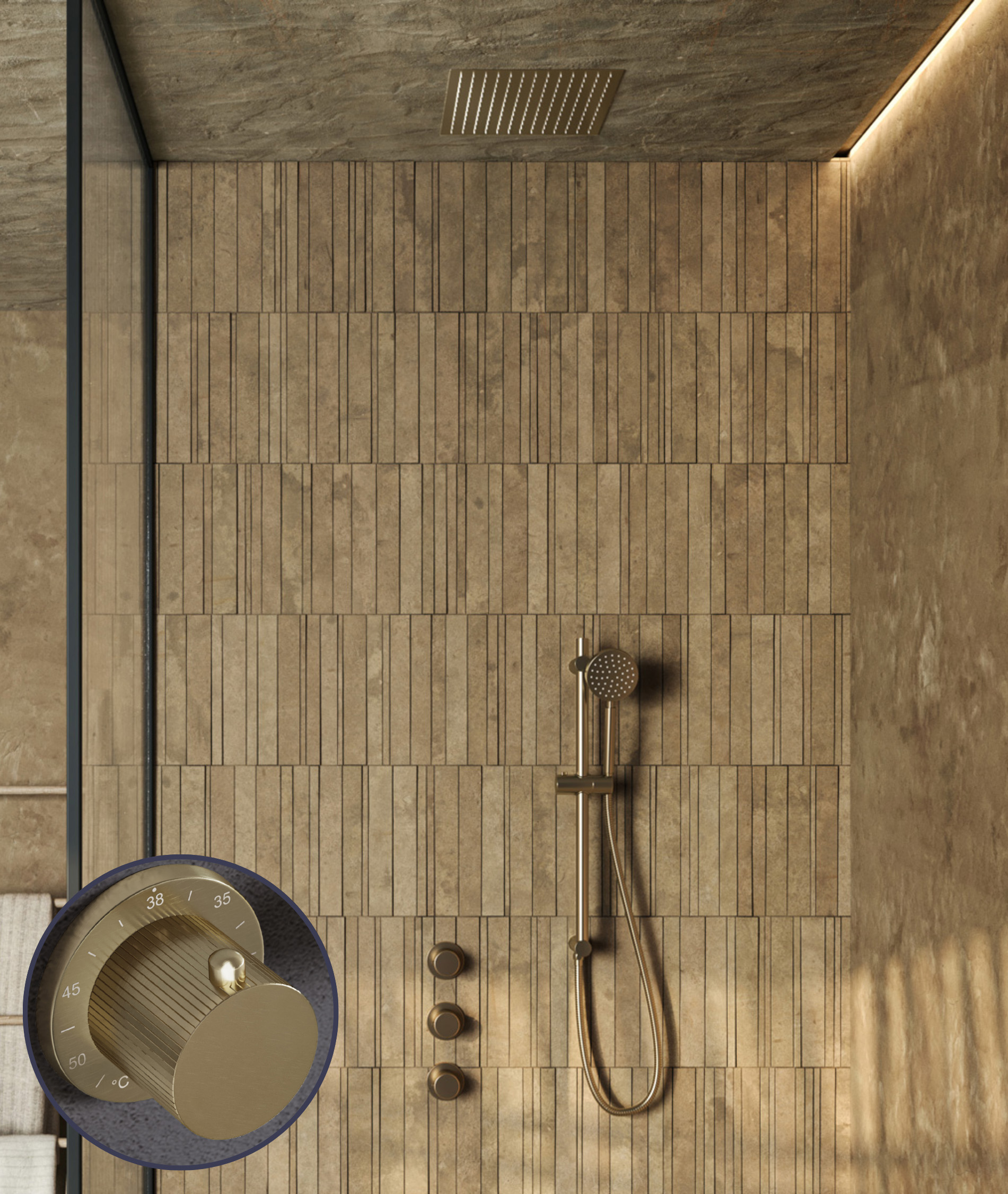 Saniclear Plus Stripes inbouw regendouche met inbouw douchekop 30x30cm en glijstang geborsteld messing - mat goud