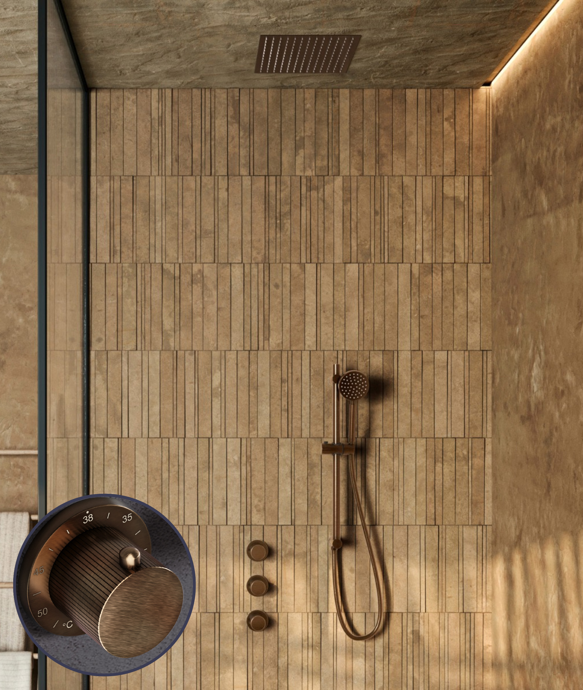 Saniclear Plus Stripes inbouw regendouche met inbouw douchekop 30x30cm en glijstang verouderd messing