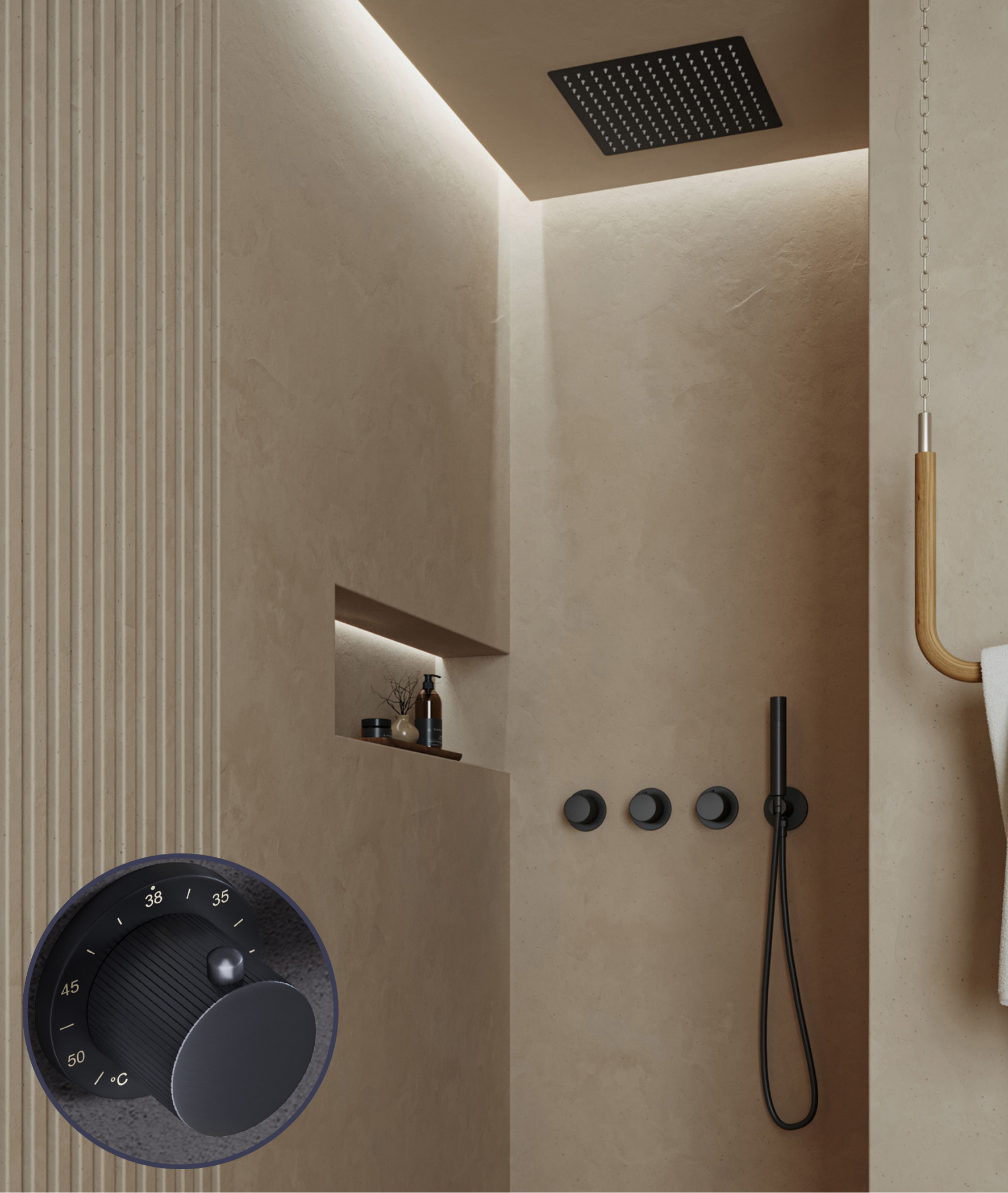 Saniclear Plus Stripes inbouw regendouche met inbouw douchekop 30x30cm en staafhanddouche zwart mat