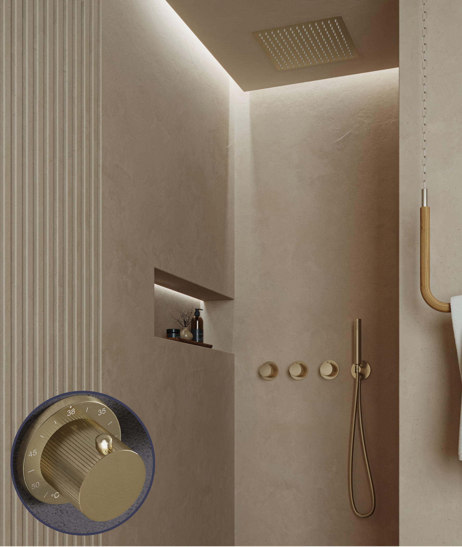 Saniclear Plus Stripes inbouw regendouche met inbouw douchekop 30x30cm en staafhanddouche geborsteld messing - mat goud
