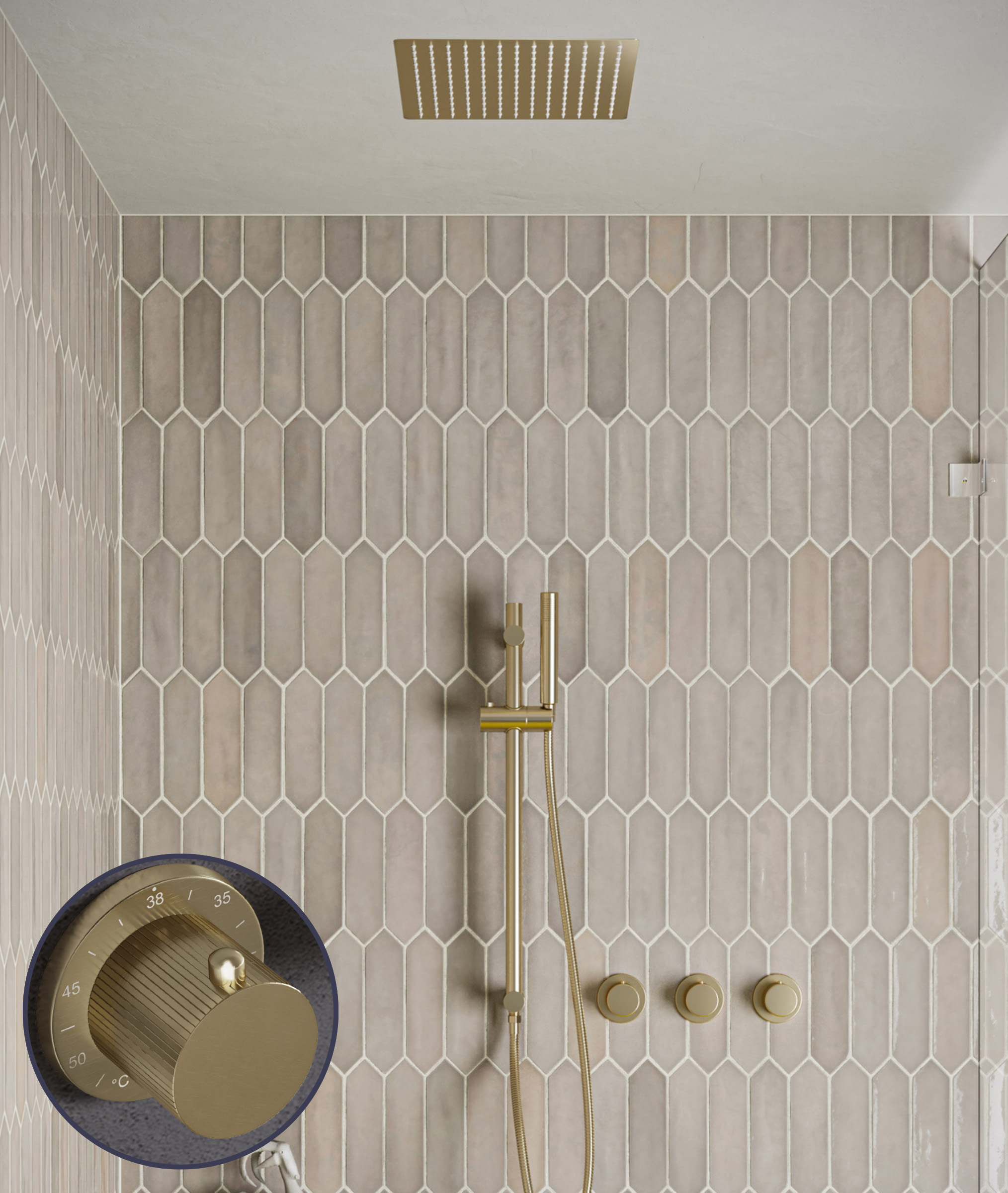 Saniclear Plus Stripes inbouw regendouche met inbouw douchekop 30x30cm, glijstang en staafhanddouche geborsteld messing - mat goud