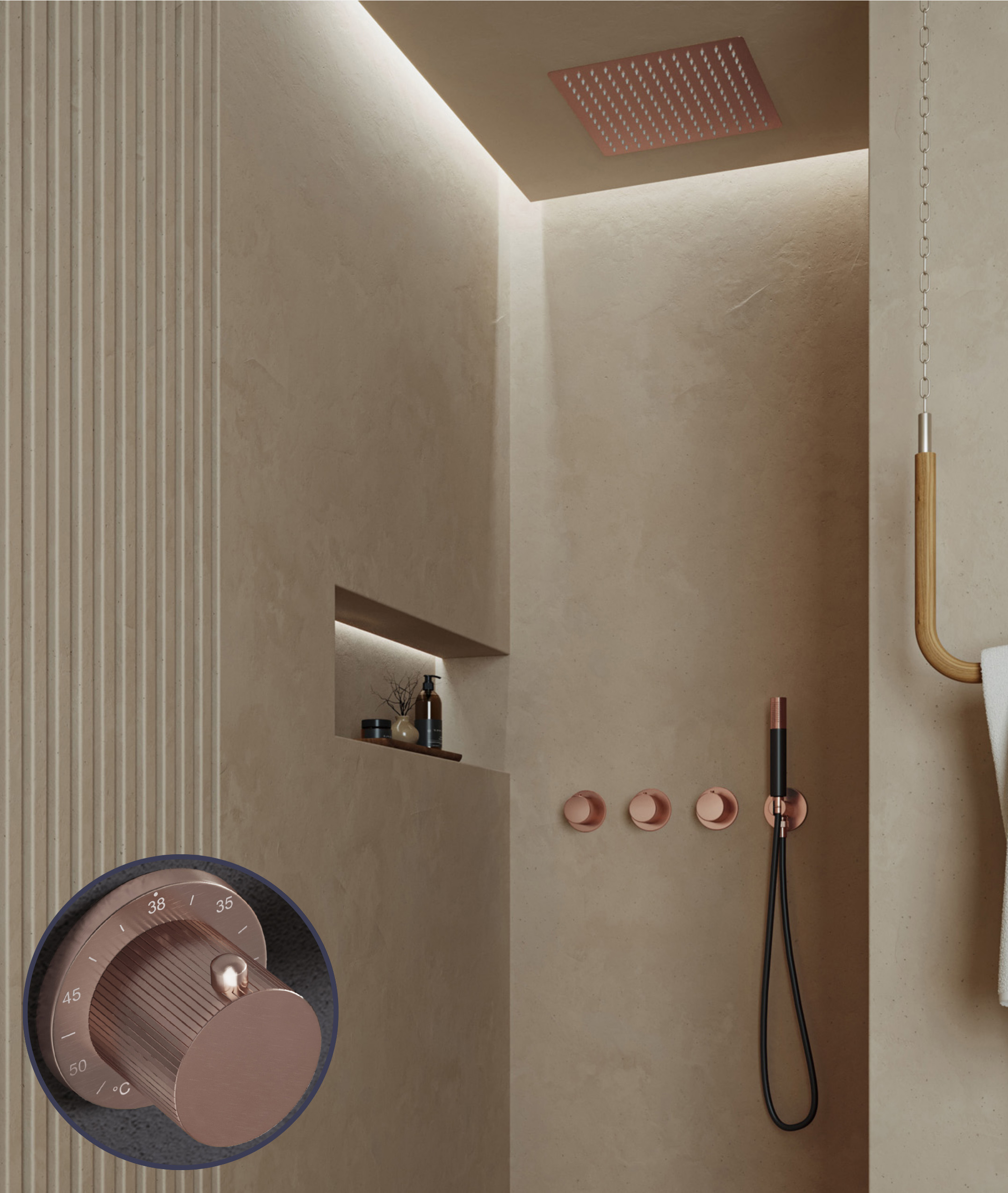 Saniclear Plus Stripes Pro inbouw regendouche met inbouw douchekop 30x30cm en staafhanddouche geborsteld koper