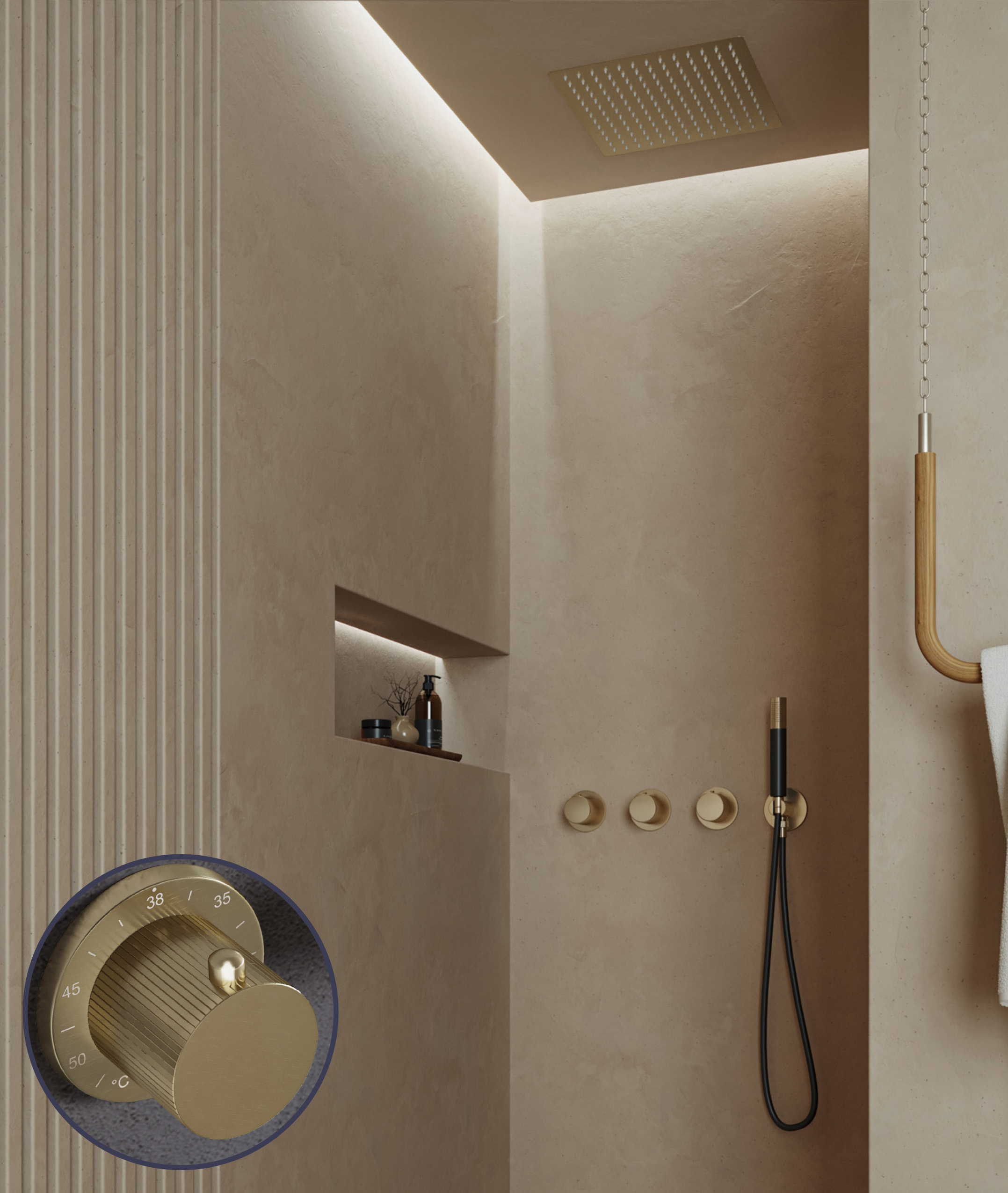 Saniclear Plus Stripes Pro inbouw regendouche met inbouw douchekop 30x30cm en staafhanddouche geborsteld messing - mat goud