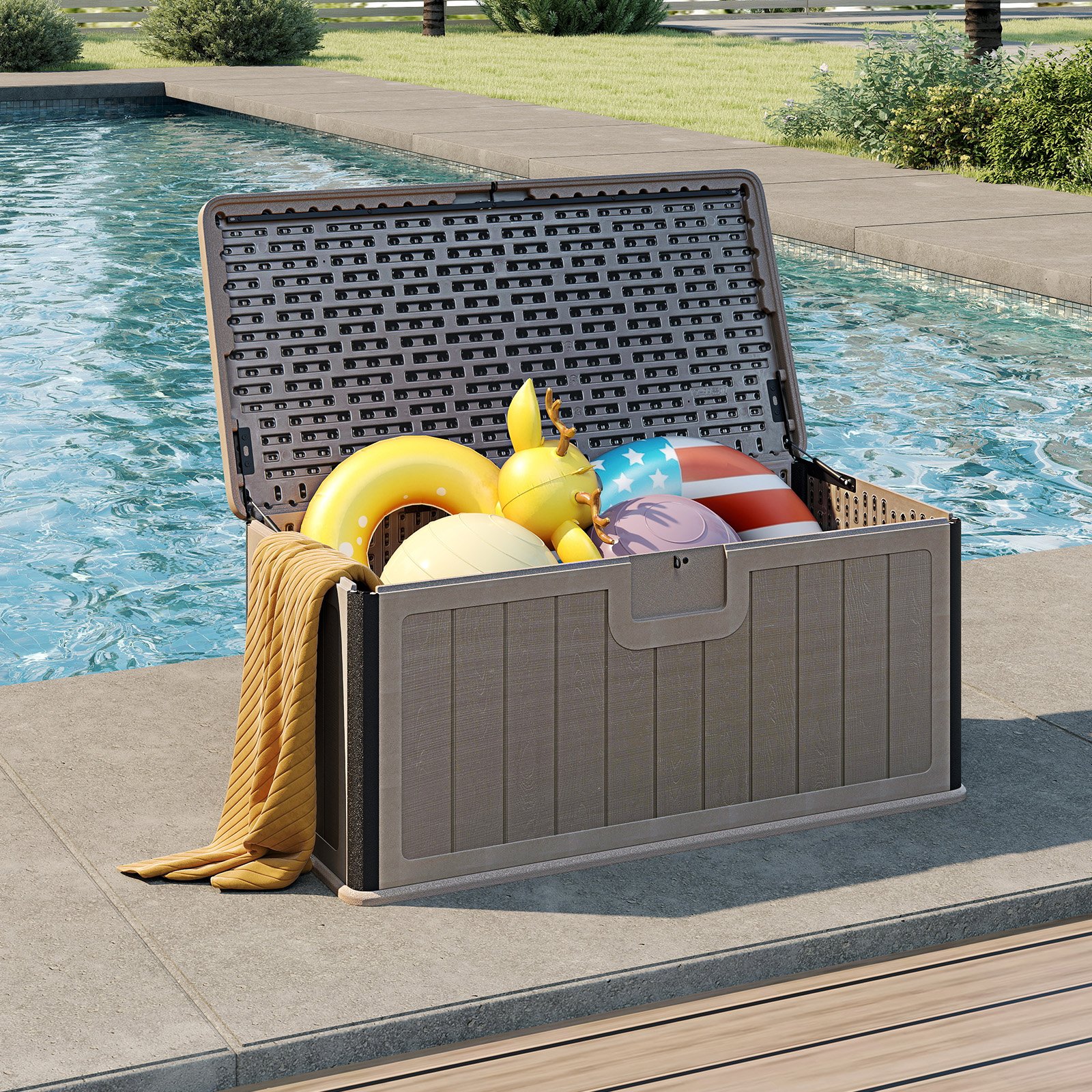 Costway Tuinbox 378 L Kussenbox Waterdicht voor Tuin met Afsluitbaar Deksel Opbergbox voor Kussens Bruin