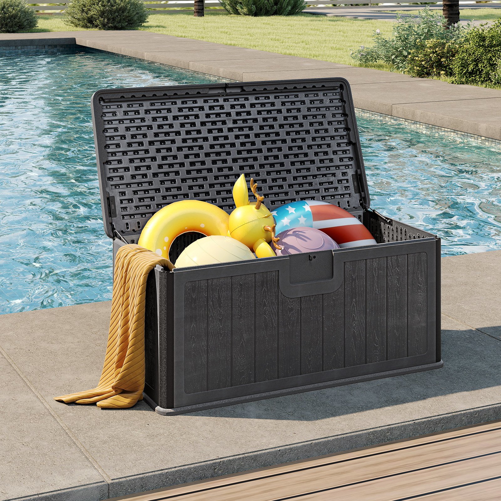 Costway Tuinbox 378 L Kussenbox Waterdicht voor Tuin met Slotbare Deksel Opbergbox voor Kussens Grijs
