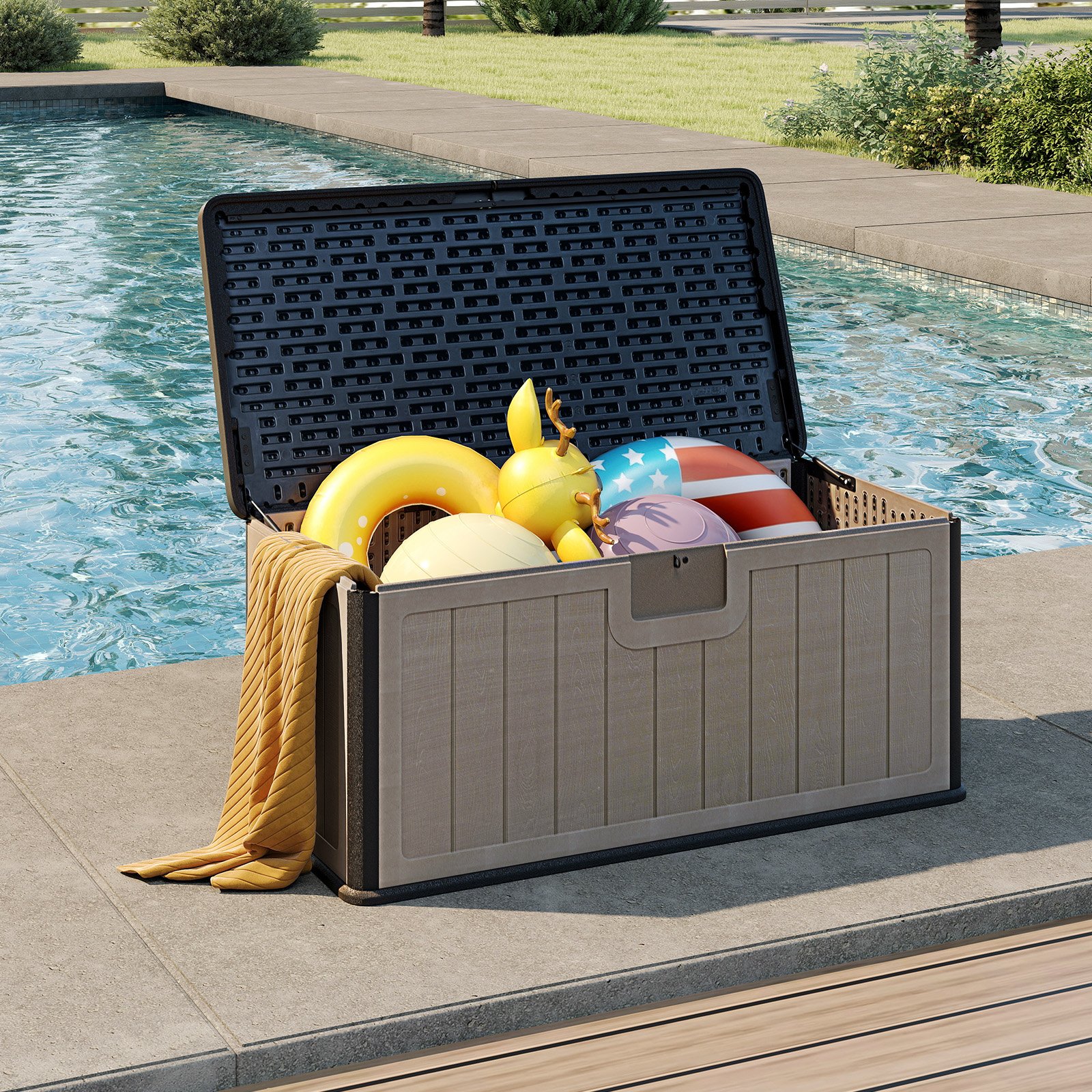 Costway Tuinbox 378 L Kussenbox Waterdicht voor de Tuin met Sleutelbare Deksel Opbergbox voor Kussens & Tuingereedschap Zwart+Bruin