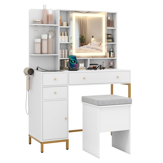 Costway Make-up Tafel met Verlichte Spiegel Kaptafel & Kruk-set 3-kleuren-LED-verlichting Spiegelkast Wit