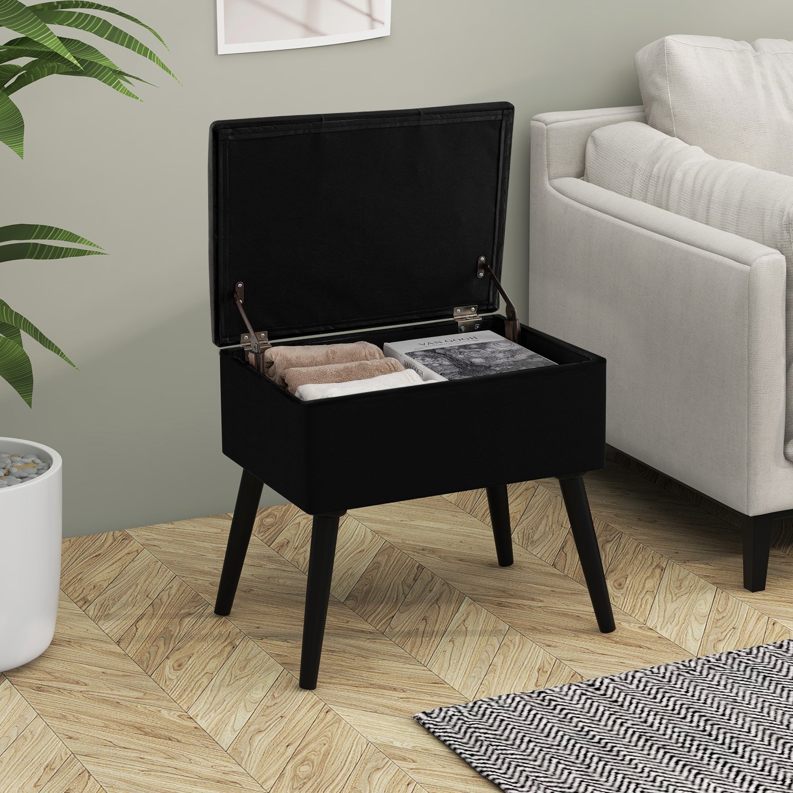 Costway Make-up Hocker met Opbergruimte Gestoffeerde Hocker met Opklapbare Zitting Zwart
