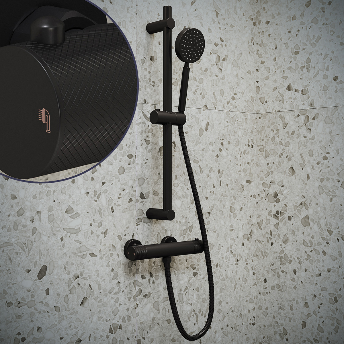 Saniclear Nero Curved doucheset mat zwart met thermostatische kraan, handdouche en glijstang