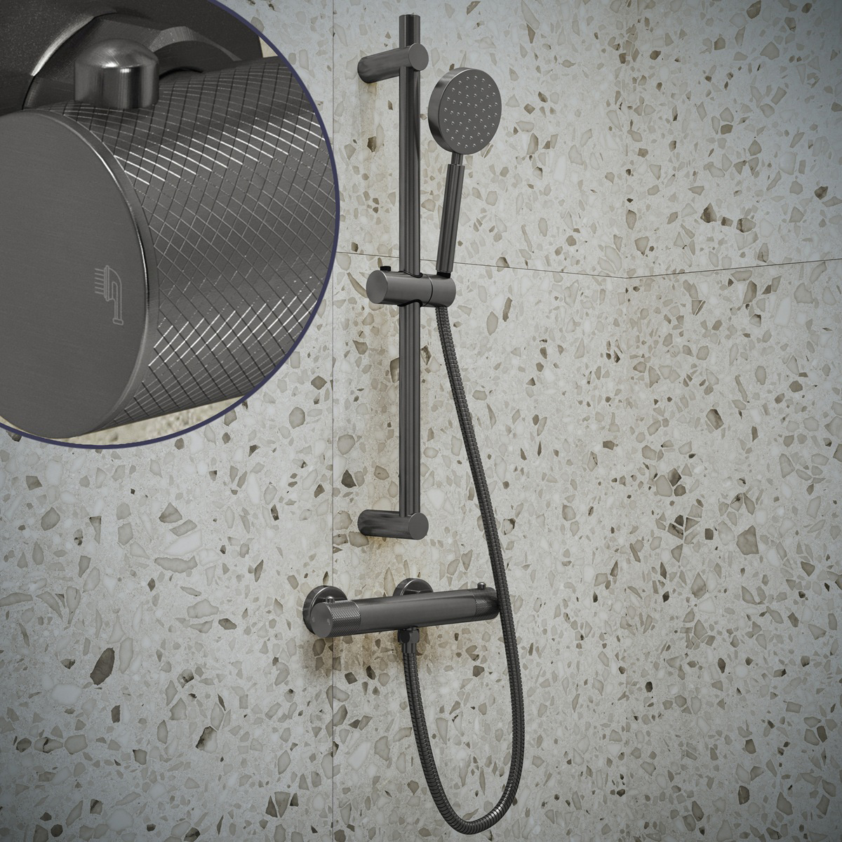 Saniclear Iron Curved doucheset verouderd ijzer / gunmetal met thermostatische kraan, handdouche en glijstang