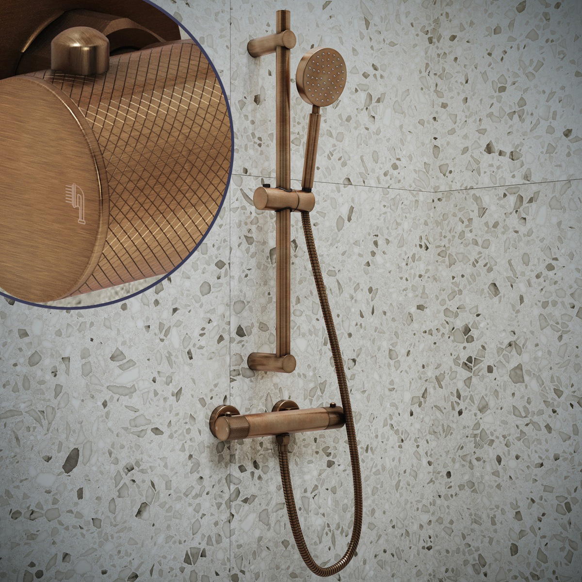 Saniclear Antique Curved doucheset verouderd messing met thermostatische kraan, handdouche en glijstang