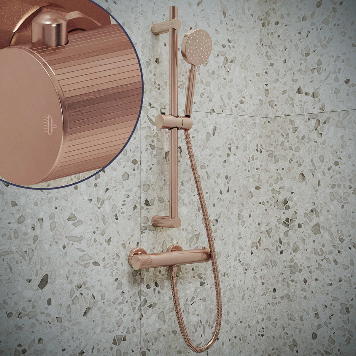 Saniclear Copper Stripes doucheset geborsteld koper met thermostatische kraan, handdouche en glijstang