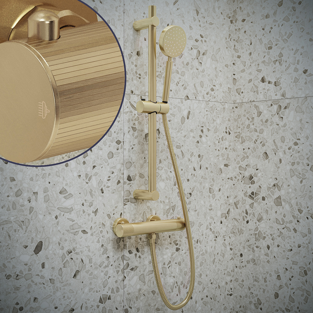 Saniclear Brass Stripes doucheset geborsteld messing / mat goud met thermostatische kraan, handdouche en glijstang