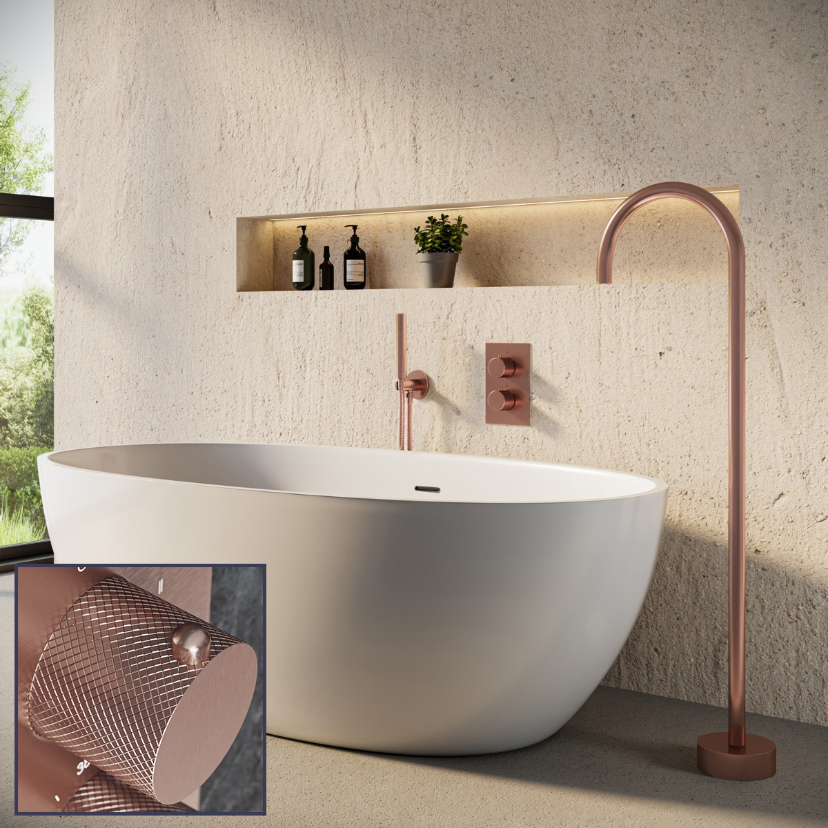 Saniclear Copper Curved inbouw badkraan met vrijstaande uitloop geborsteld koper