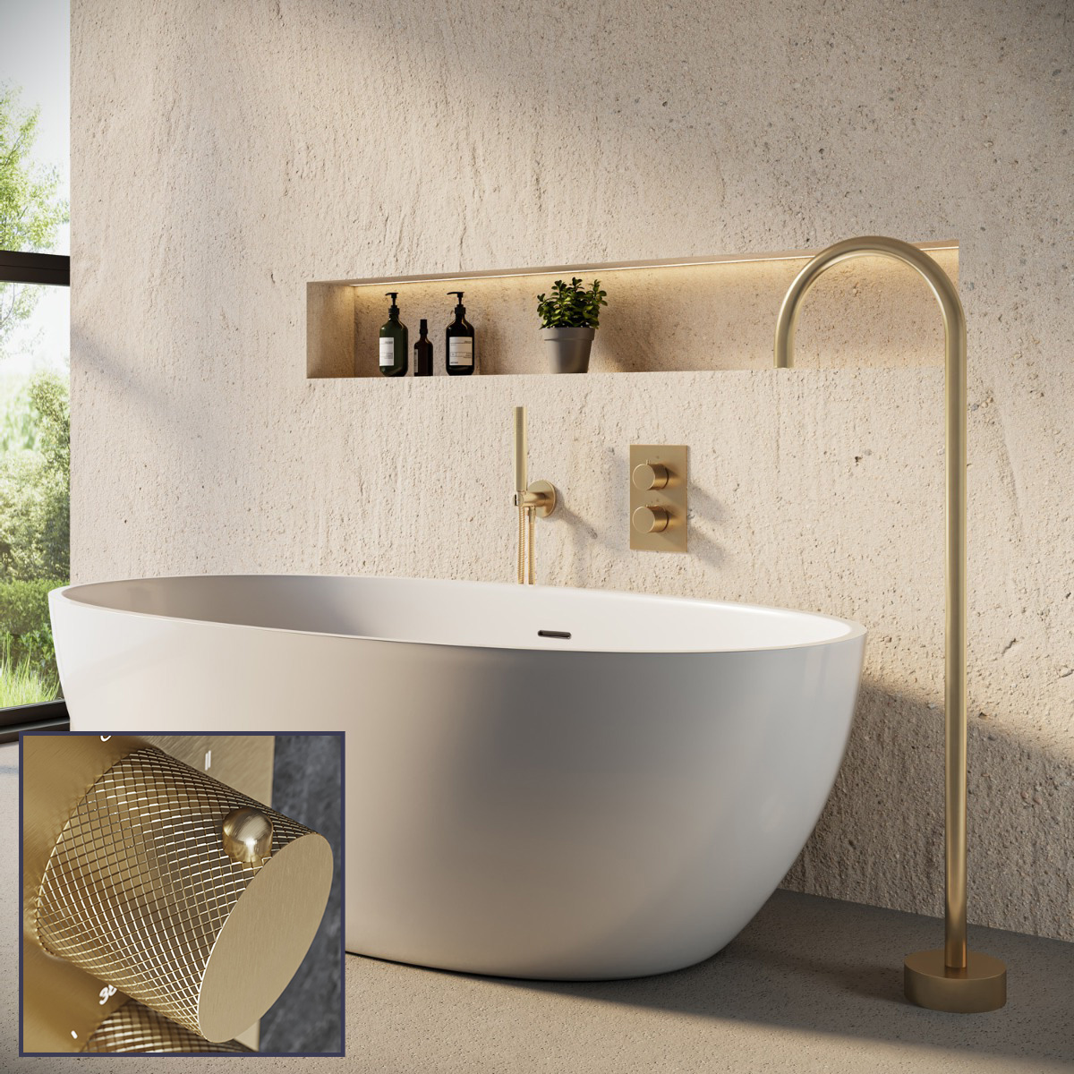 Saniclear Brass Curved inbouw badkraan met vrijstaande uitloop geborsteld messing - mat goud