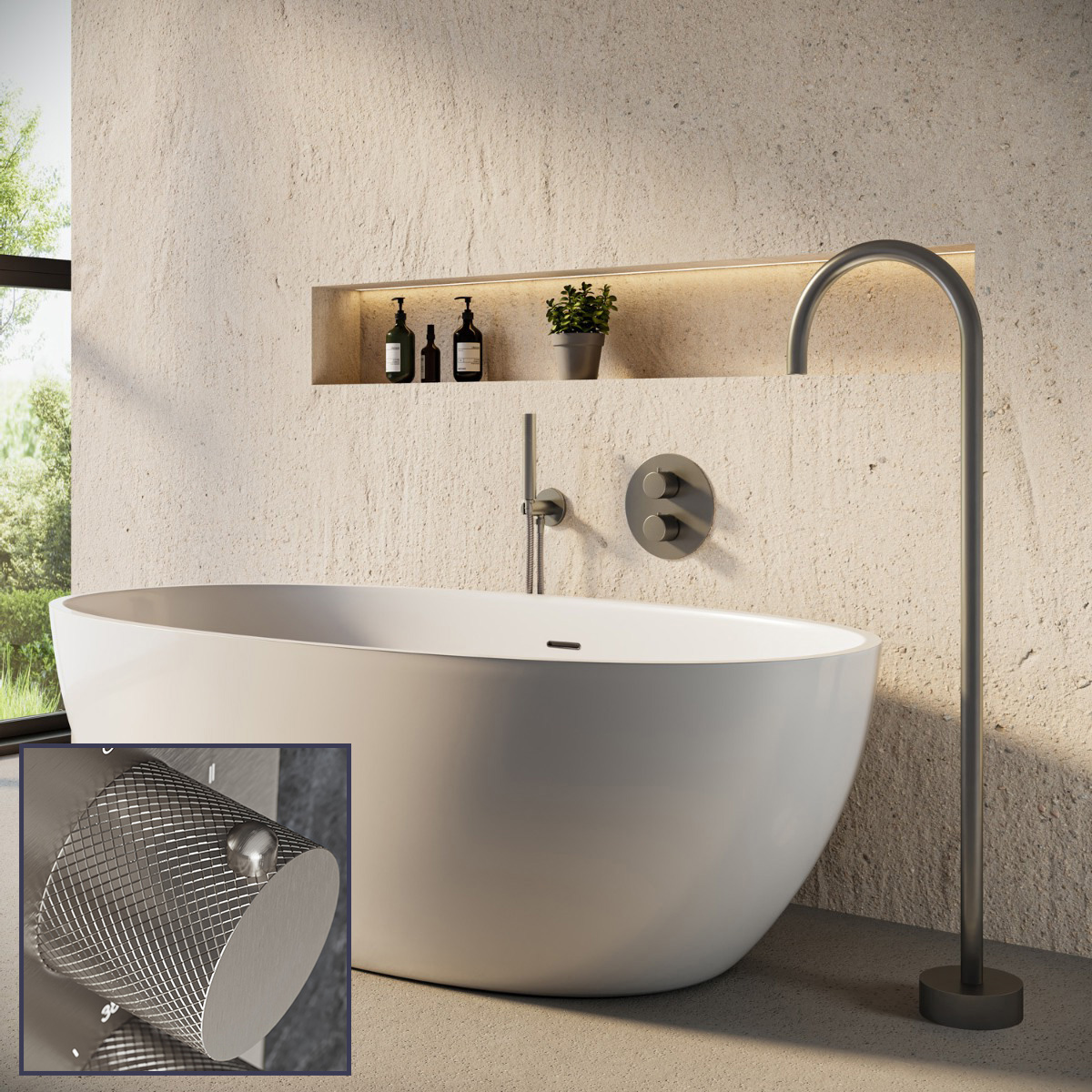 Saniclear Exclusive Curved inbouw badkraan rond met vrijstaande uitloop RVS