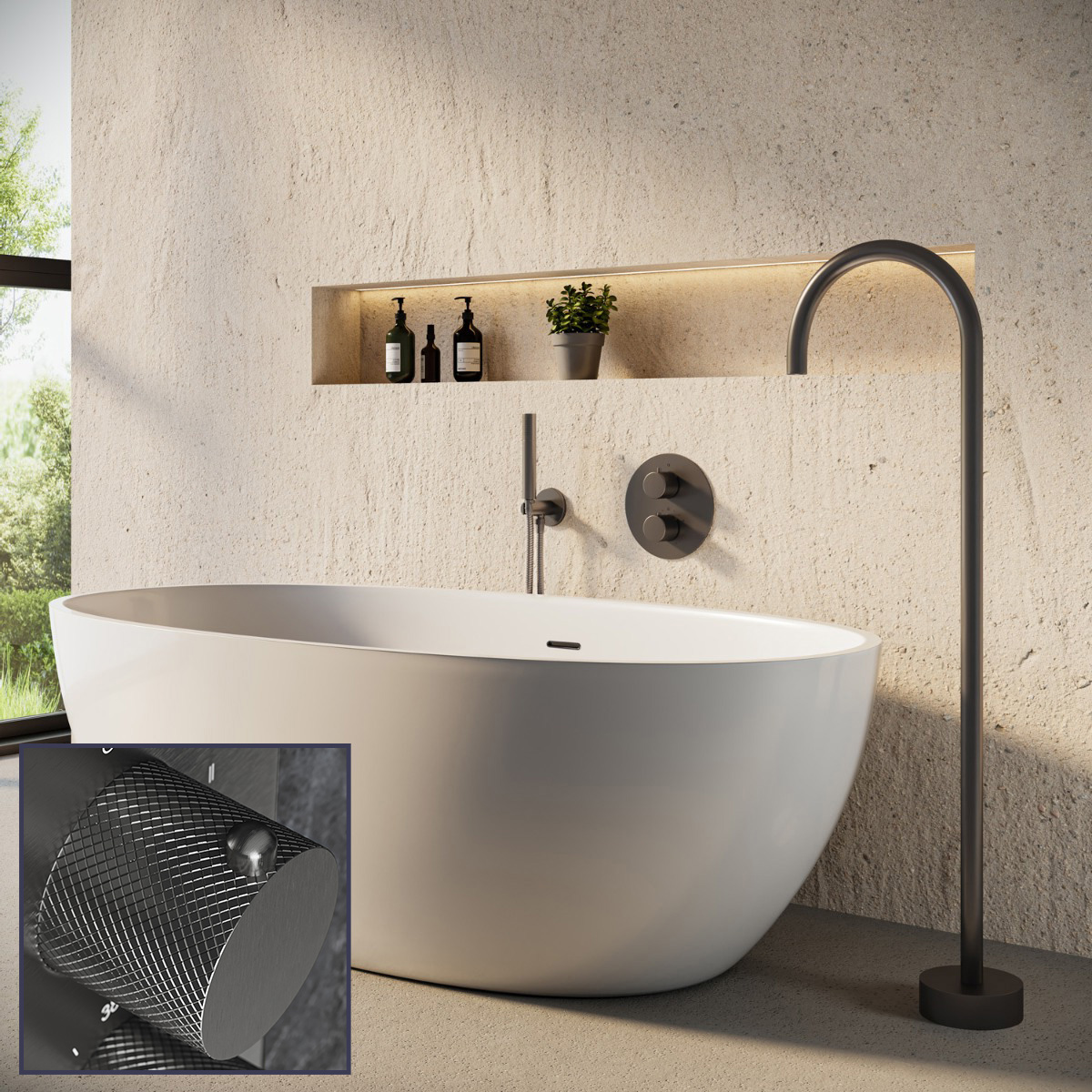 Saniclear Iron Curved inbouw badkraan rond met vrijstaande uitloop verouderd ijzer - gunmetal