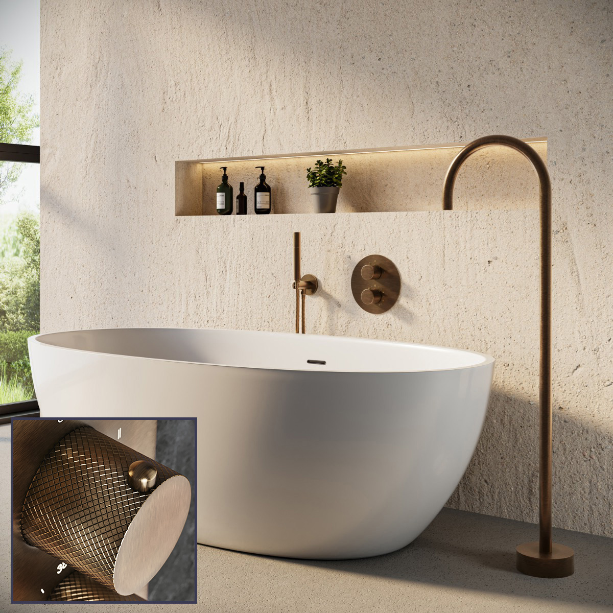 Saniclear Antique Curved inbouw badkraan rond met vrijstaande uitloop verouderd messing