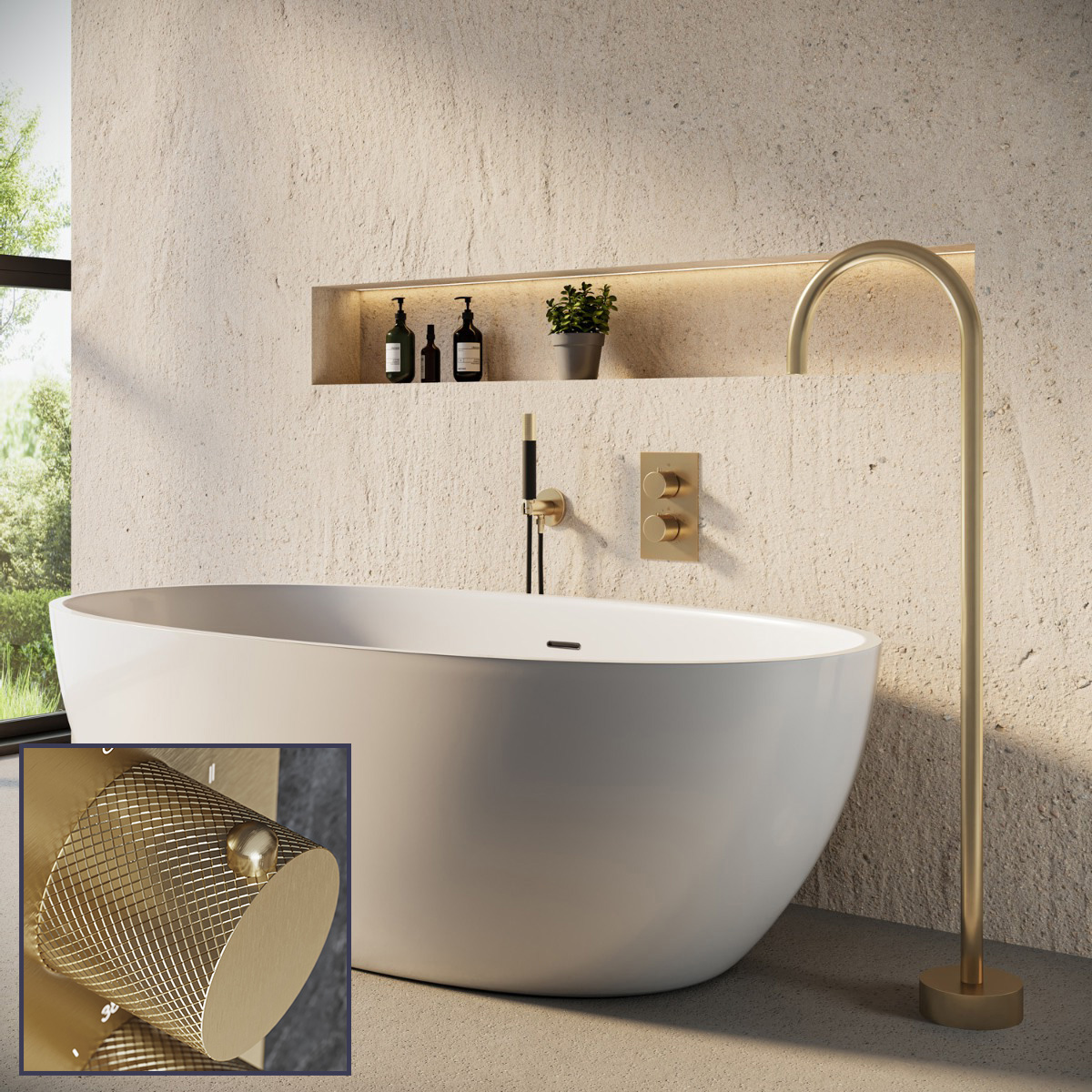Saniclear Brass Curved Pro inbouw badkraan met vrijstaande uitloop geborsteld messing - mat goud