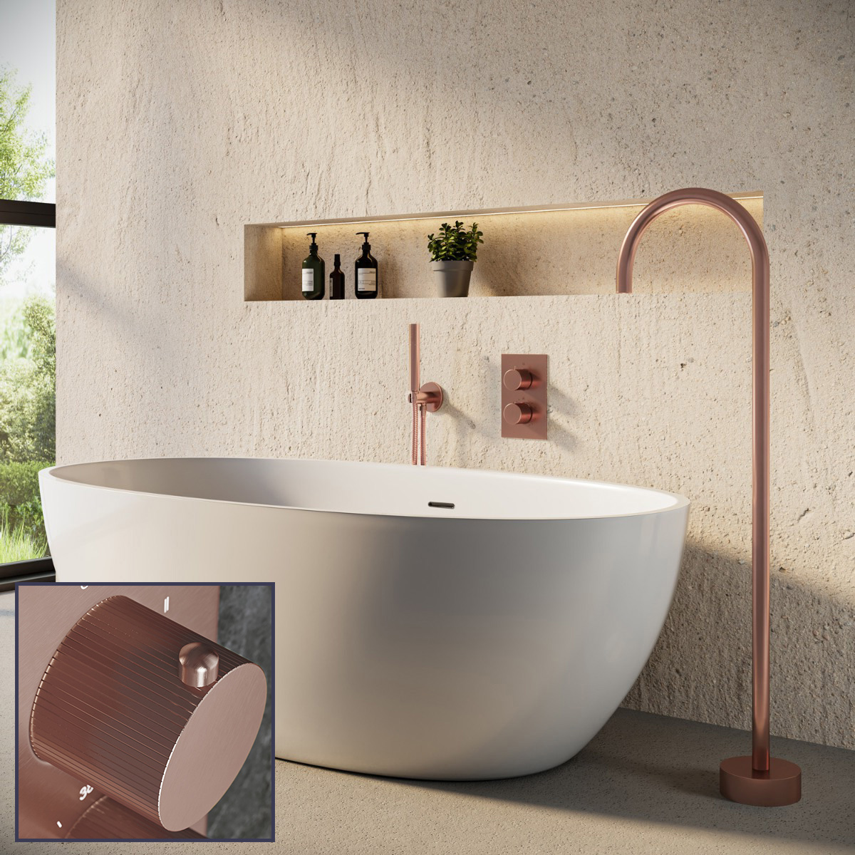 Saniclear Copper Stripes inbouw badkraan met vrijstaande uitloop geborsteld koper