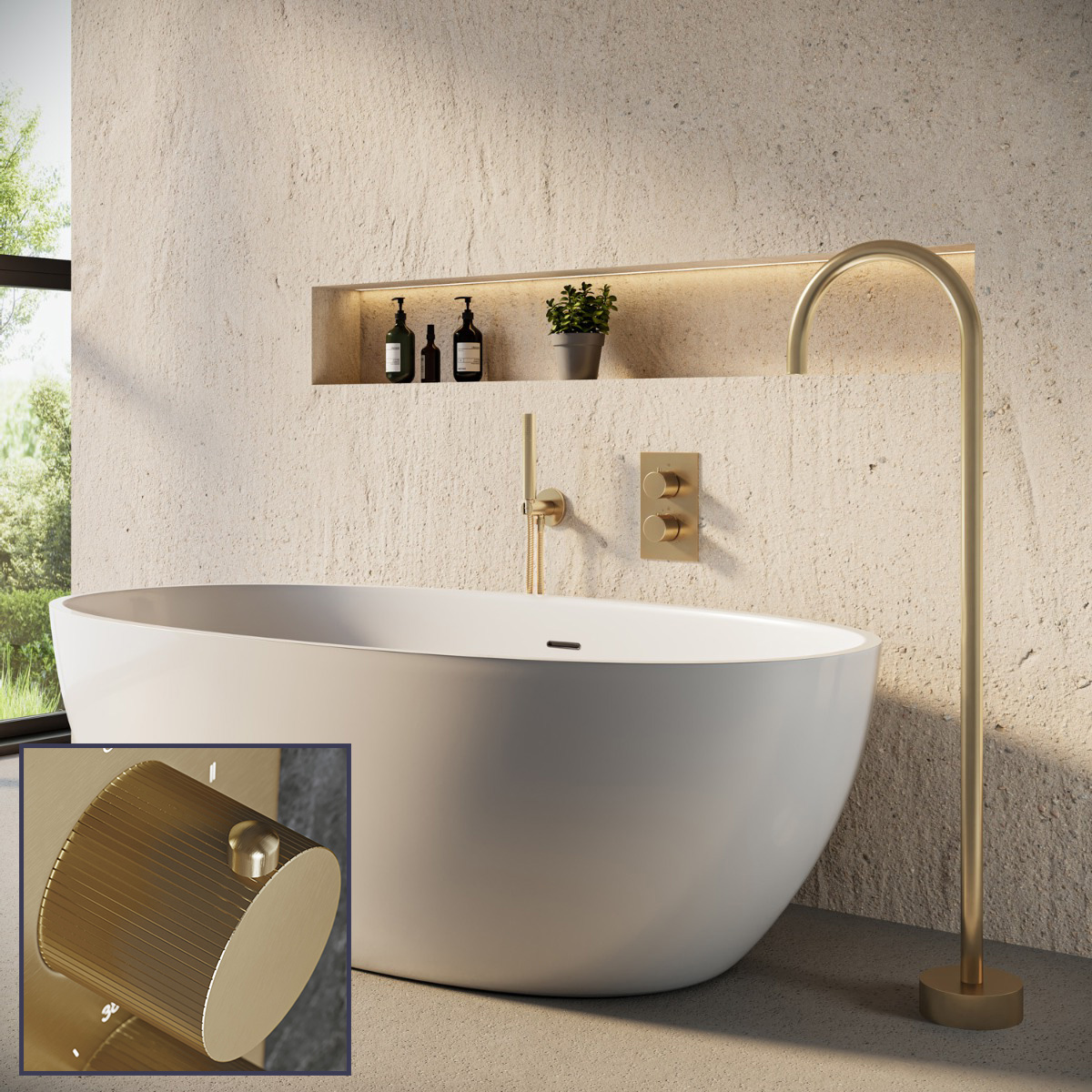 Saniclear Brass Stripes inbouw badkraan met vrijstaande uitloop geborsteld messing - mat goud