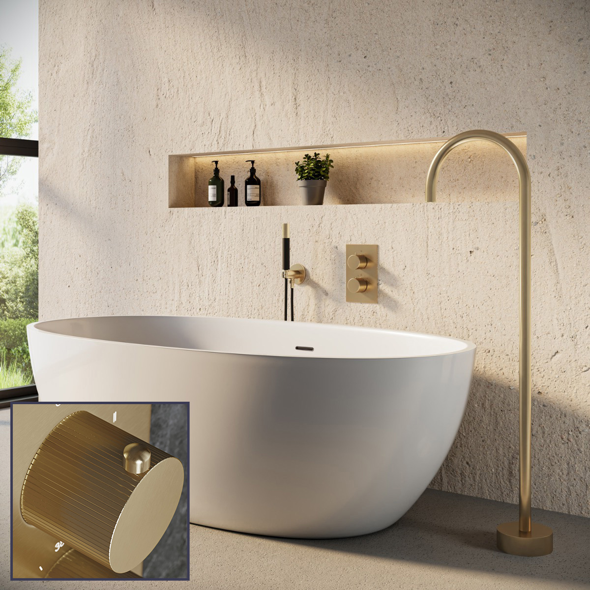 Saniclear Brass Stripes Pro inbouw badkraan met vrijstaande uitloop geborsteld messing - mat goud