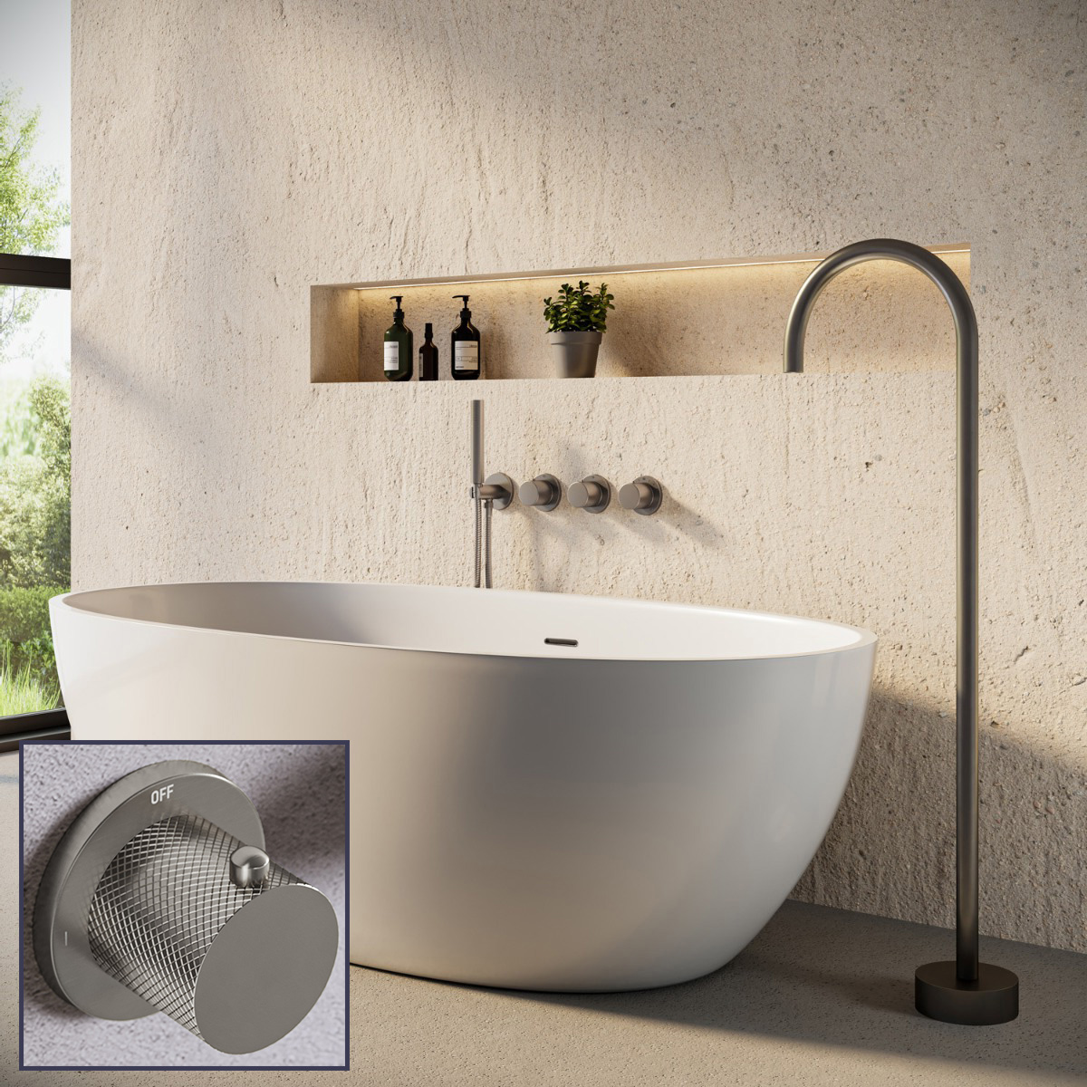 Saniclear Plus Curved inbouw badkraan met vrijstaande uitloop en staafhanddouche RVS
