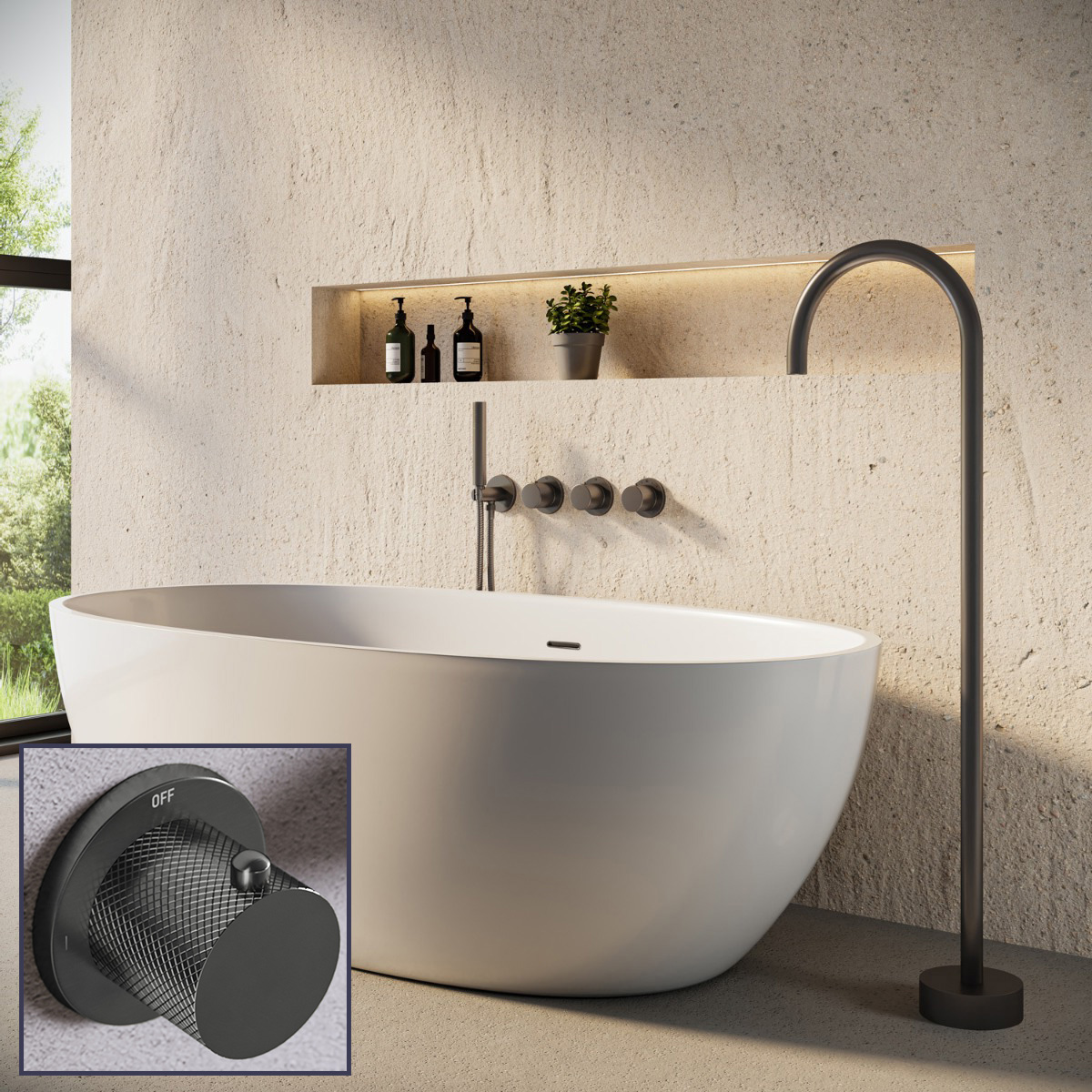 Saniclear Plus Curved inbouw badkraan met vrijstaande uitloop en staafhanddouche verouderd ijzer - gunmetal